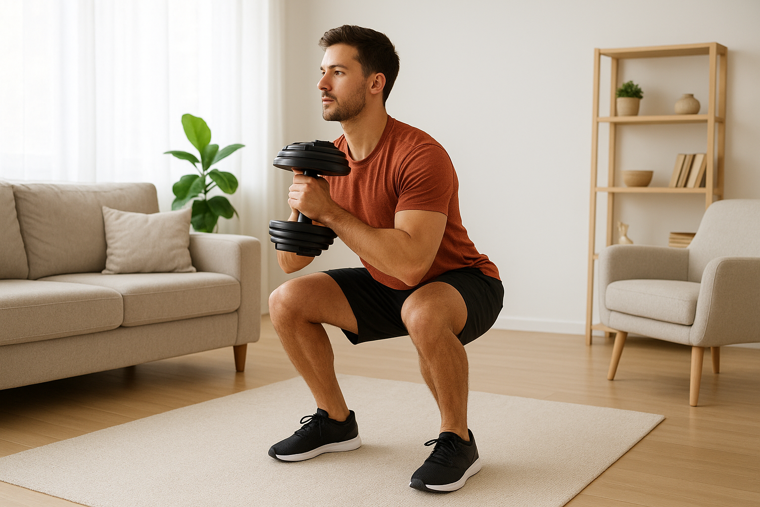 Home leg day without machines: 45-minute lower body workout using dumbbells and furniture