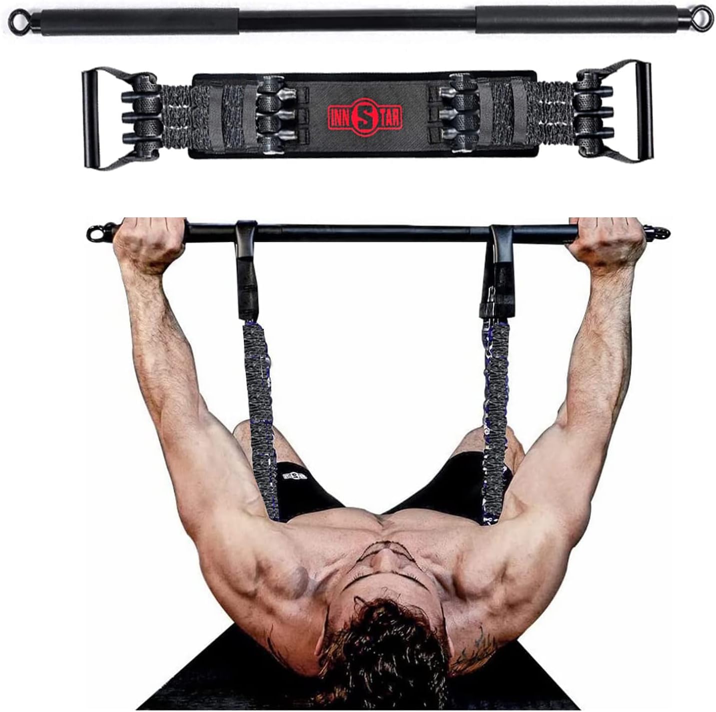 INNSTAR adjustable bench press device with resistance bands, portable upper body station in promo on Amazon