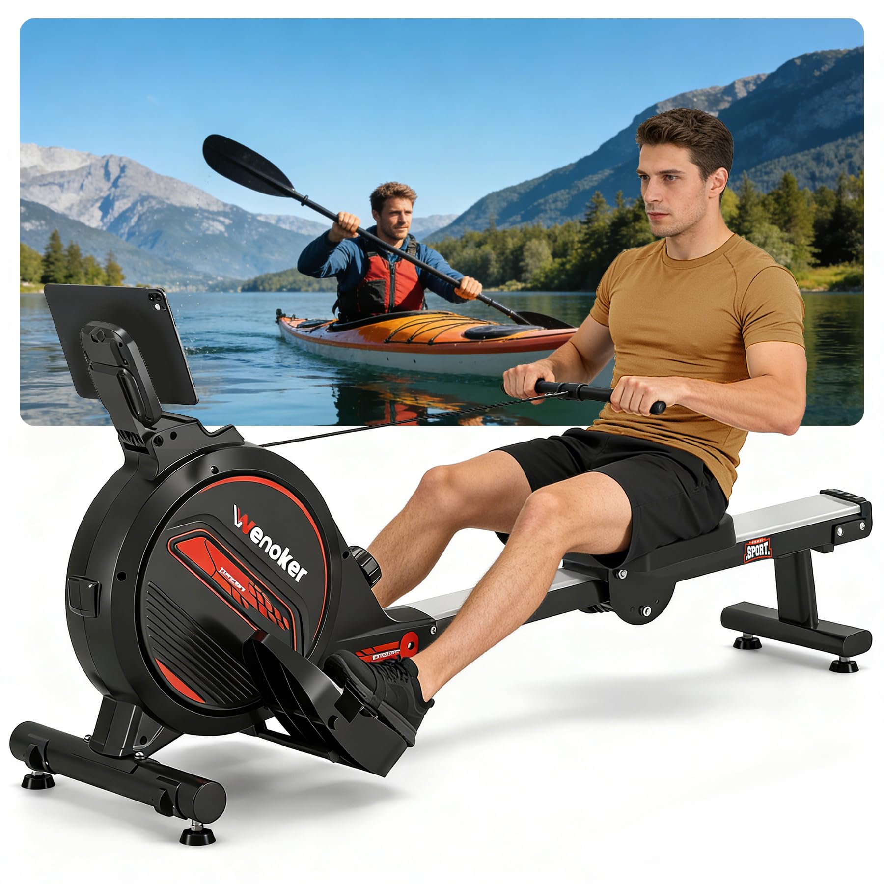 Wenoker magnetic rowing machine for home, quiet 16-level rower with app support in promo on Amazon