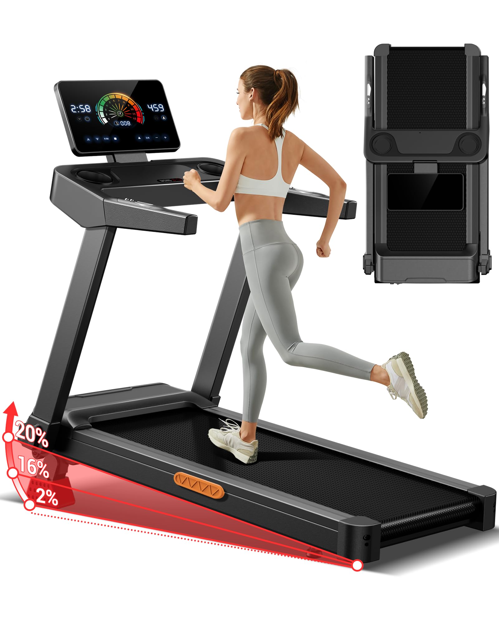Foldable home treadmill with 20% incline, powerful indoor running machine in promo on Amazon