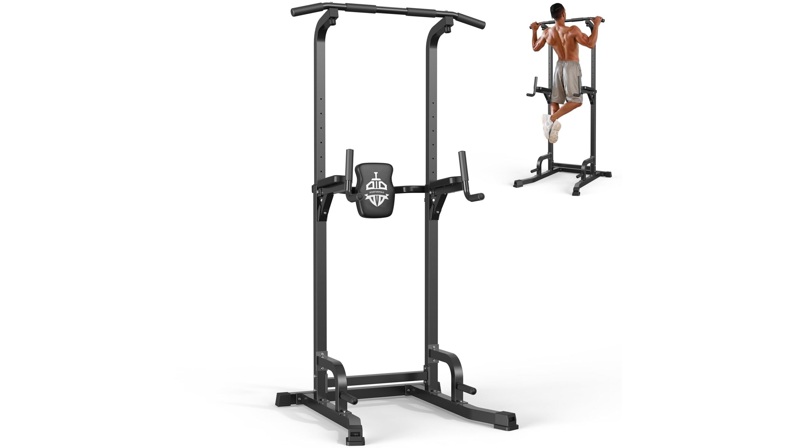 Sportsroyals power tower, a compact pull up and dip station to build your upper body at home