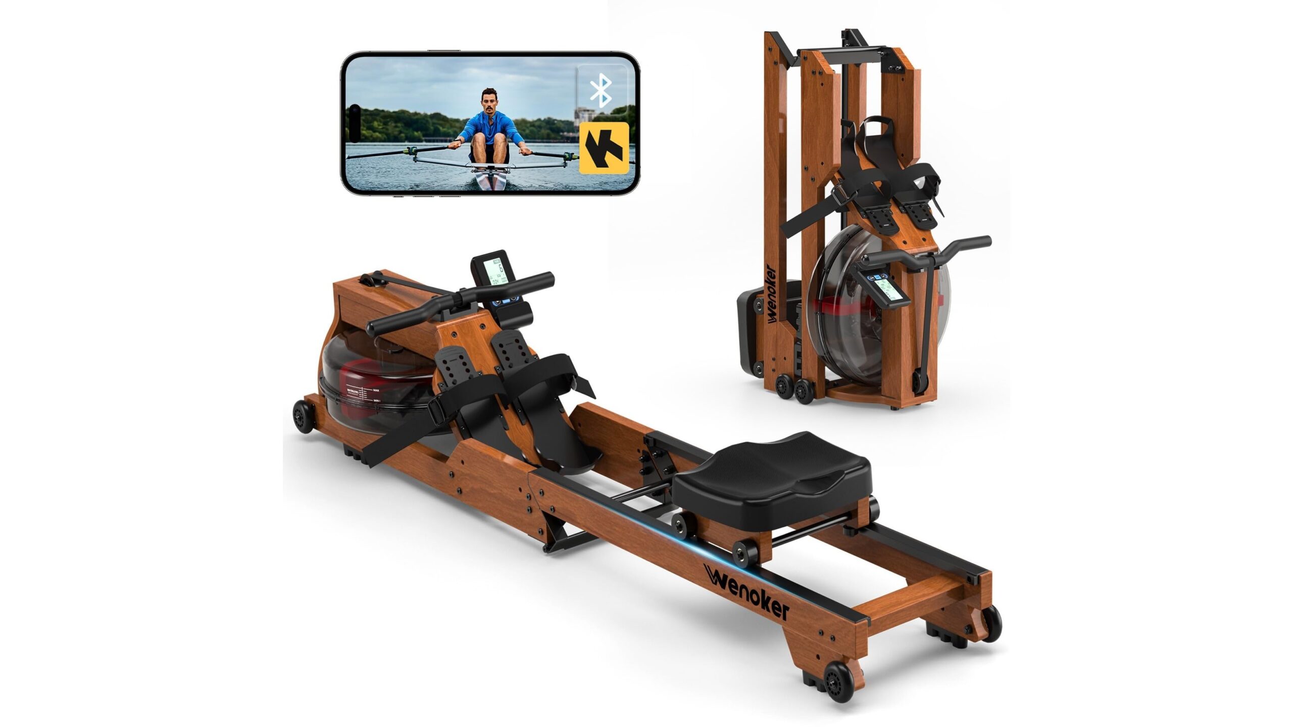 Foldable wooden water rowing machine with bluetooth, a stylish home gym upgrade on Amazon