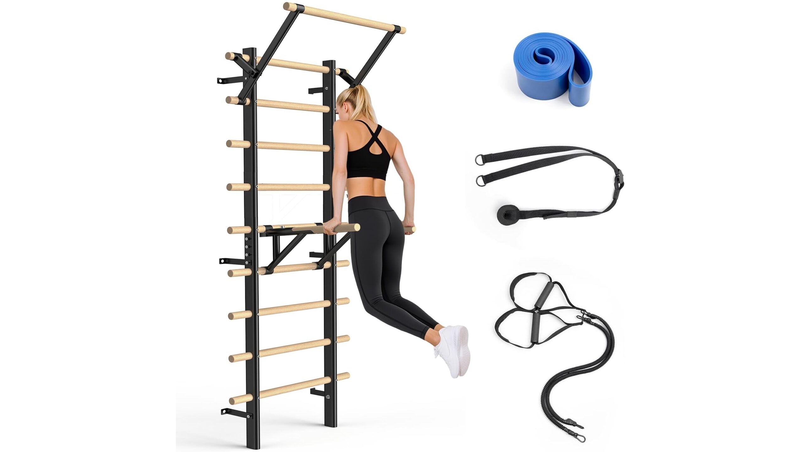 MJWW wooden wall bars with pull-up and dip station, a vertical gym corner for serious home training