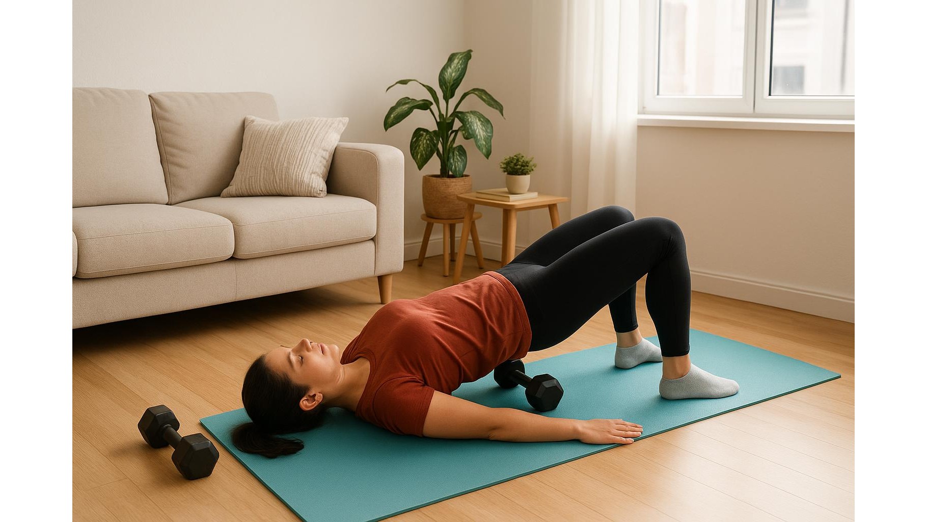 Beginner-friendly dumbbell core and glutes workout for small home spaces