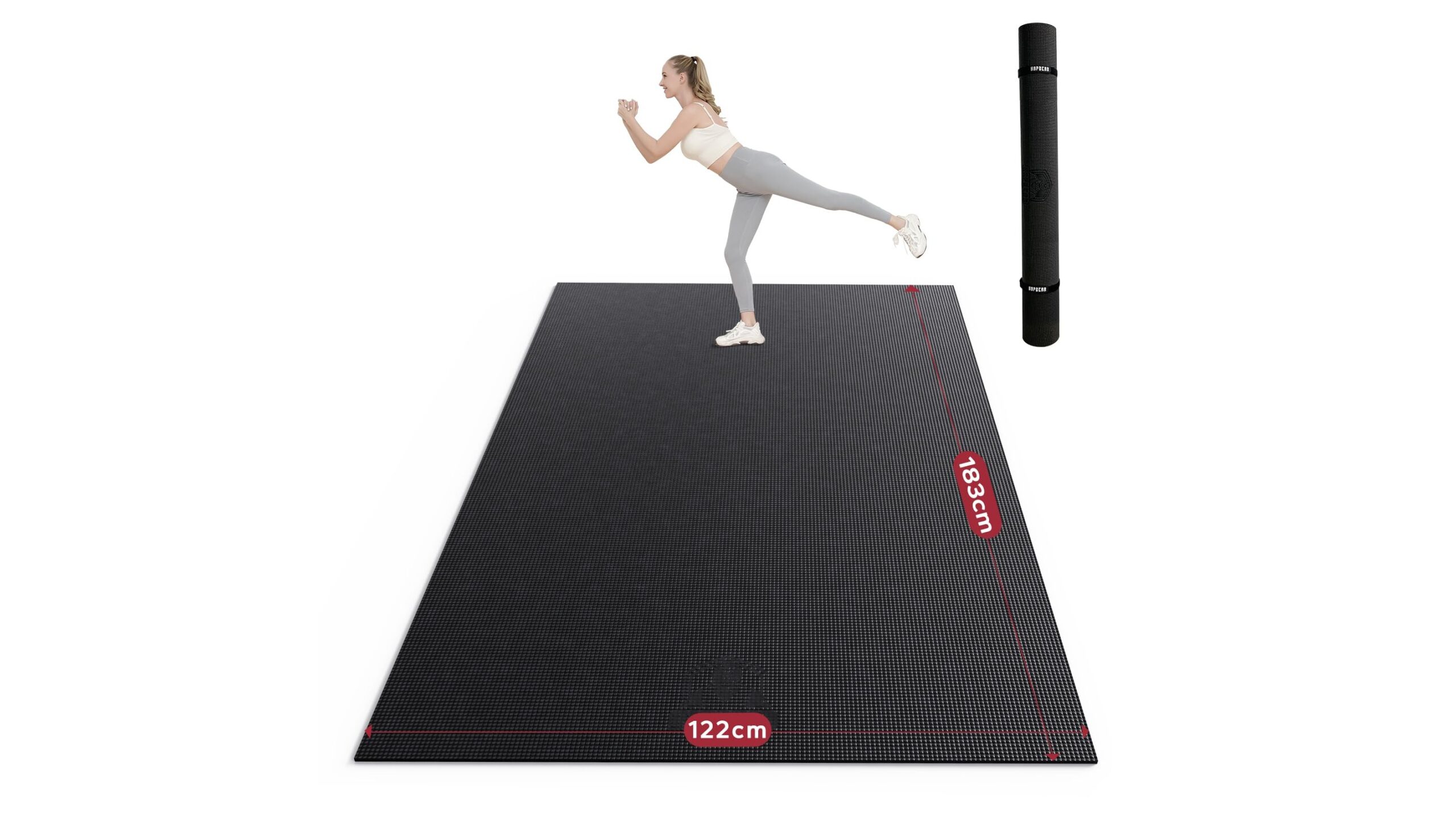 HAPBEAR large exercise mat, extra room and cushioning for home workouts on Amazon