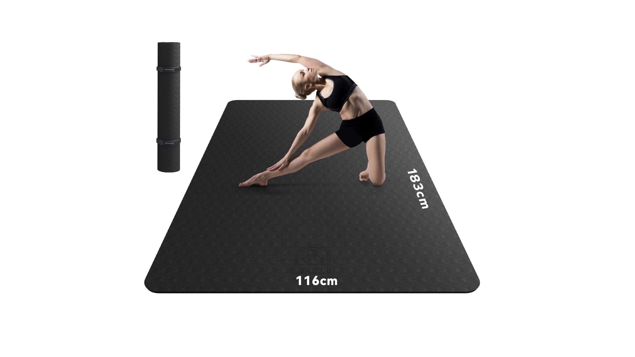 An extra-large HAPBEAR yoga mat turns your living room into a full family studio