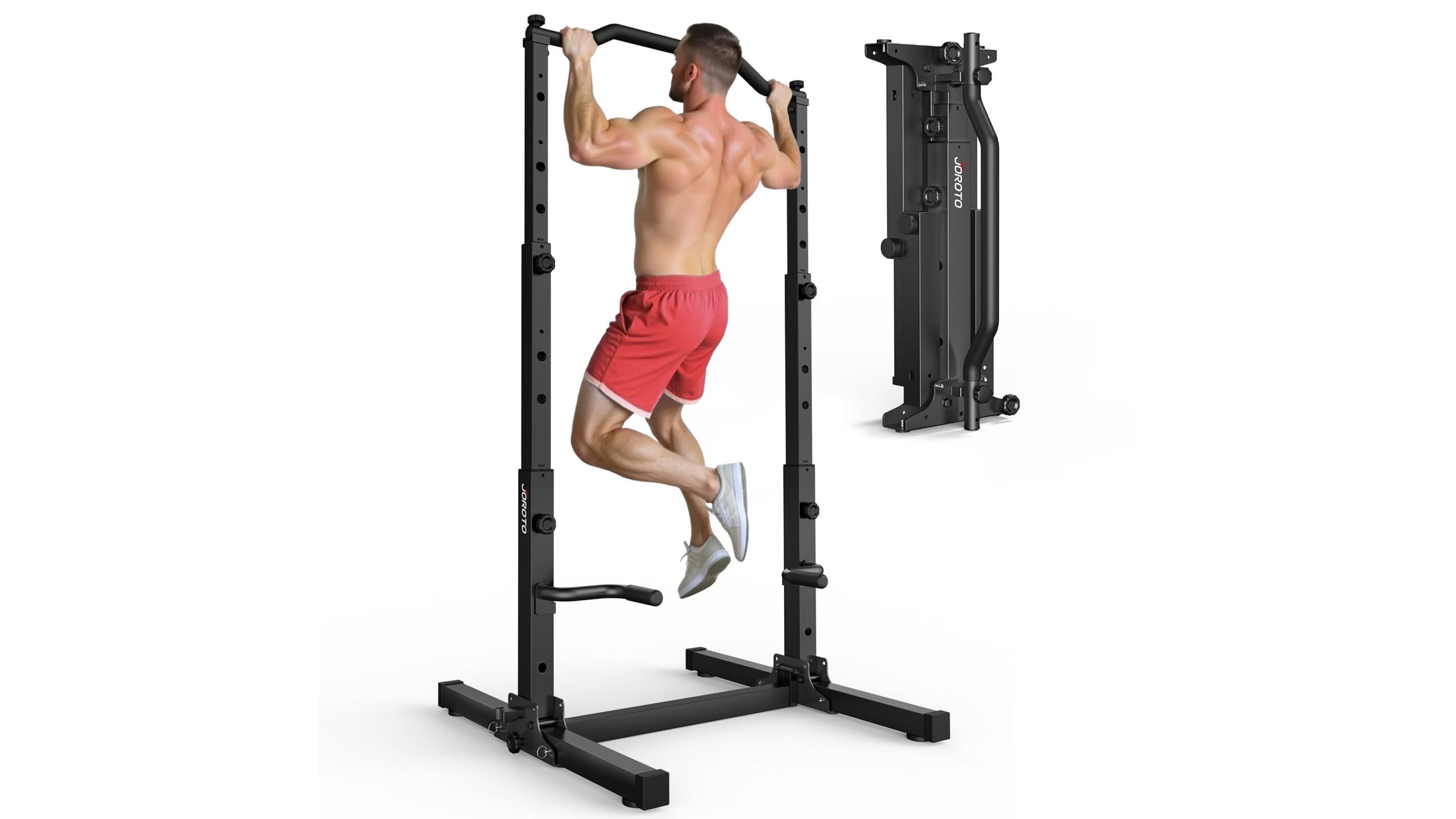 JOROTO foldable power tower pull up bar station, a 5-in-1 solution for compact home gyms on Amazon