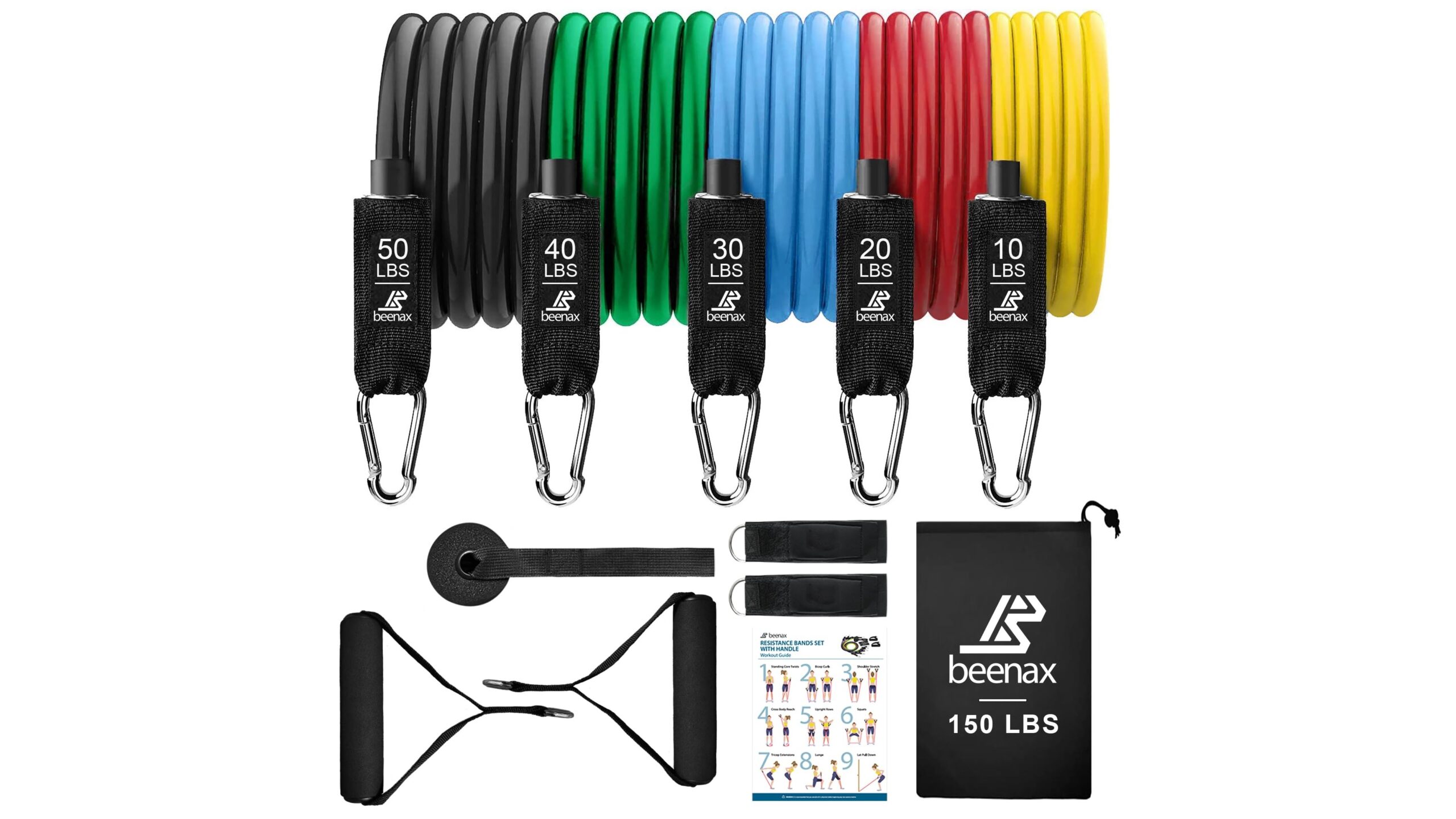 Set di elastici Beenax 12 pezzi, home gym completo in borsa con un solo acquisto su Amazon