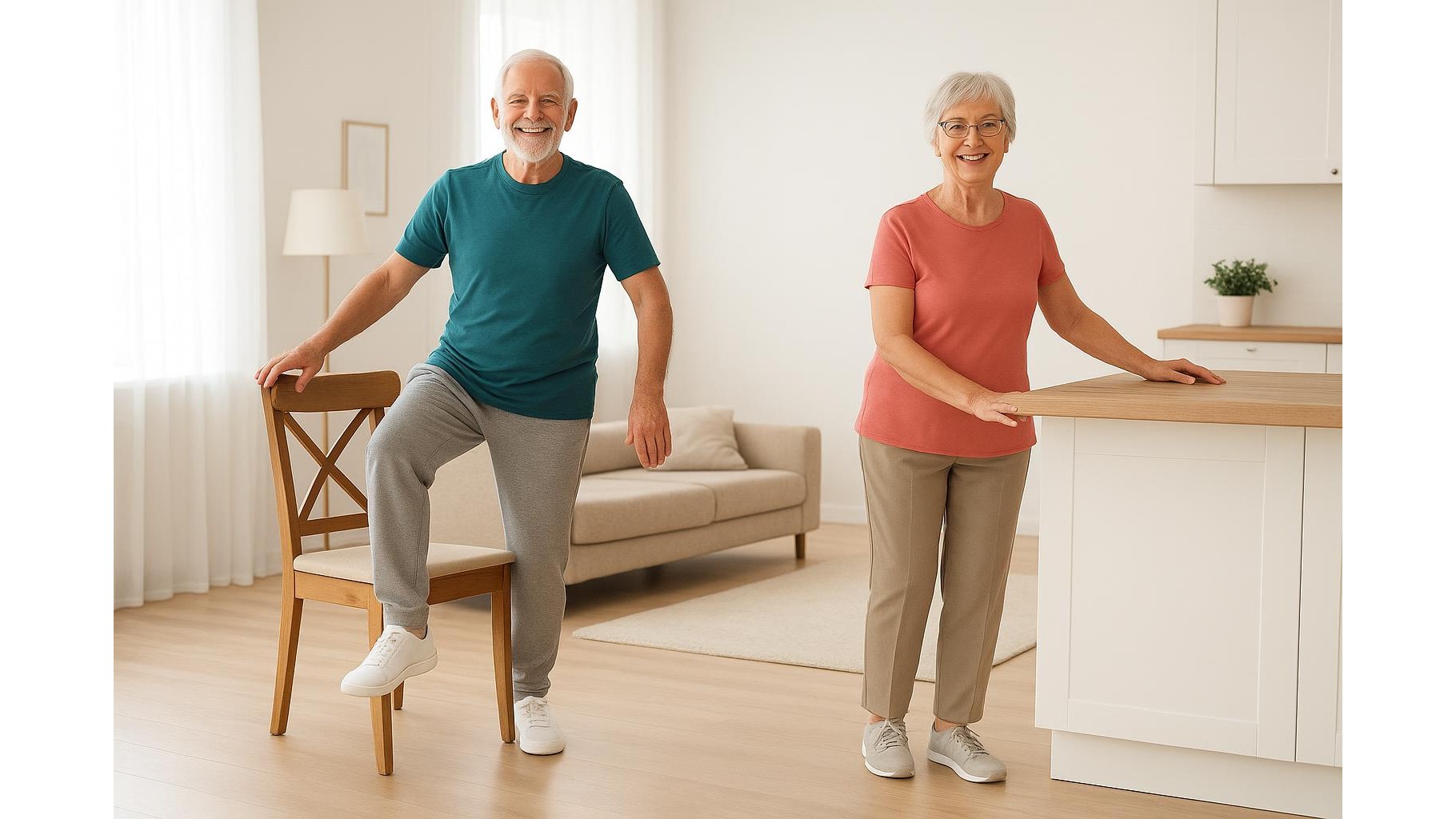 Balance and fall-prevention home workout for seniors using only household furniture