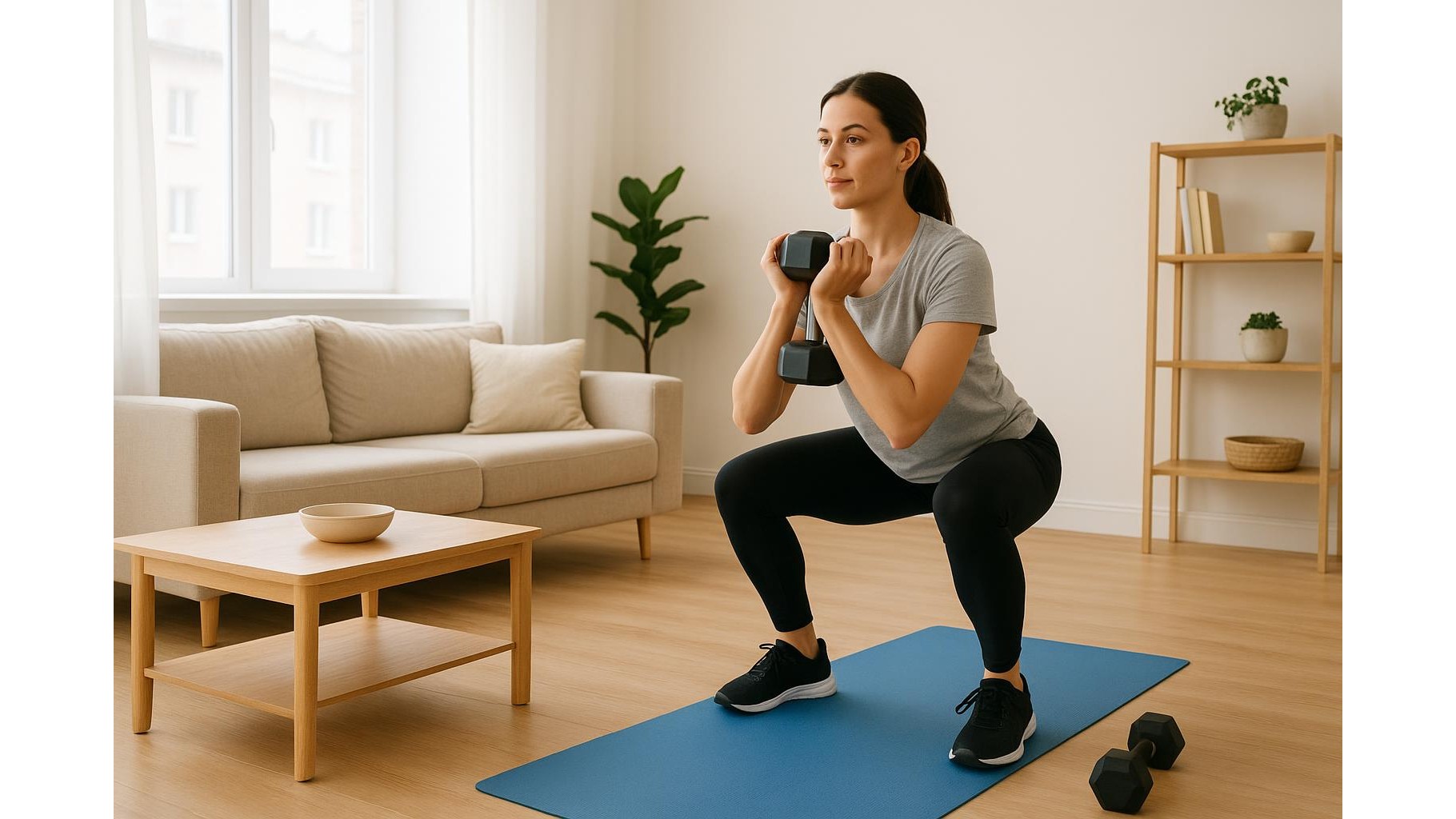Full body strength workout for beginners in a studio flat: 3 circuits, one pair of dumbbells