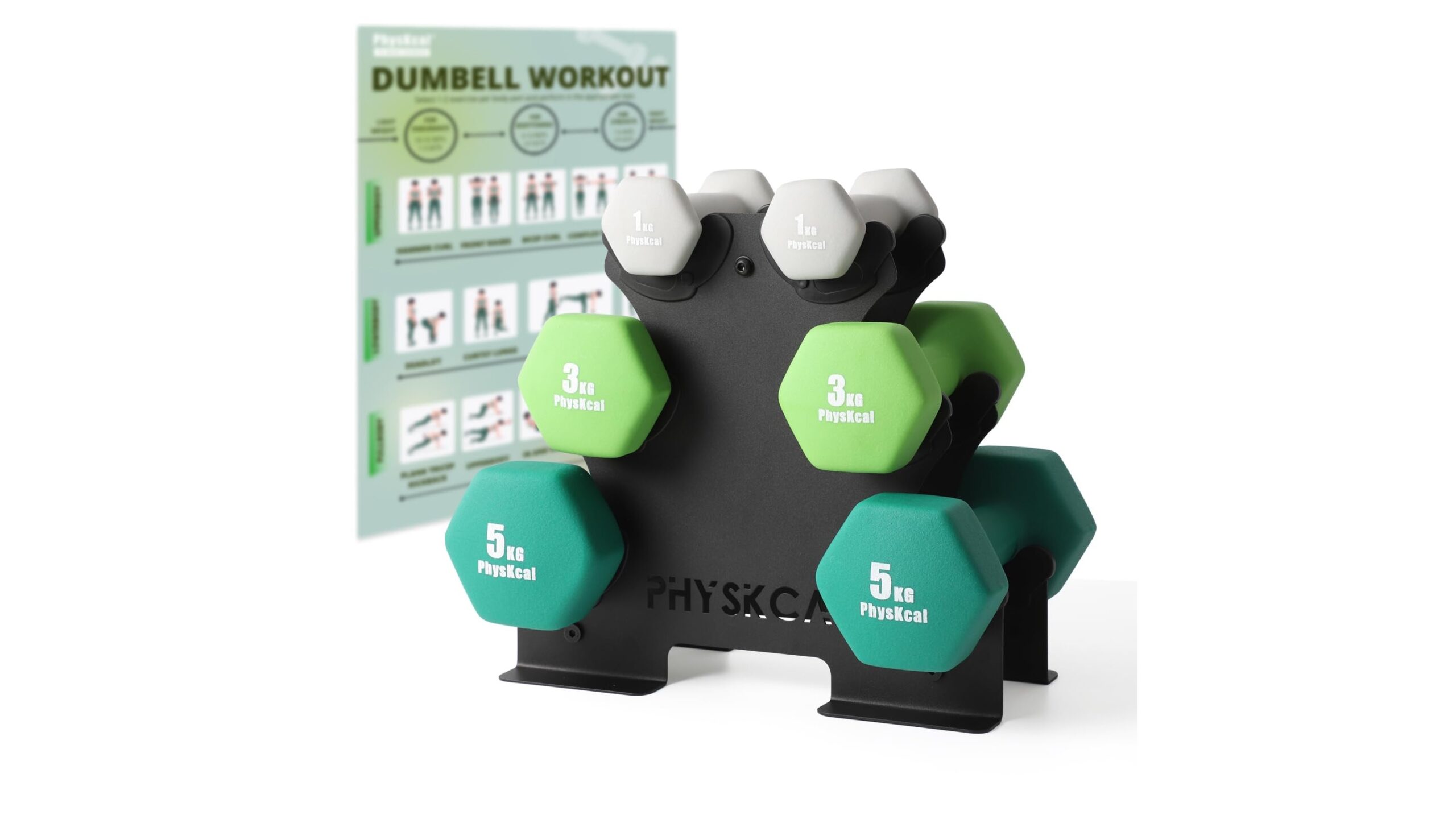 PhysKcal dumbbells set con rack, il kit di manubri salvaspazio per allenarti in salotto