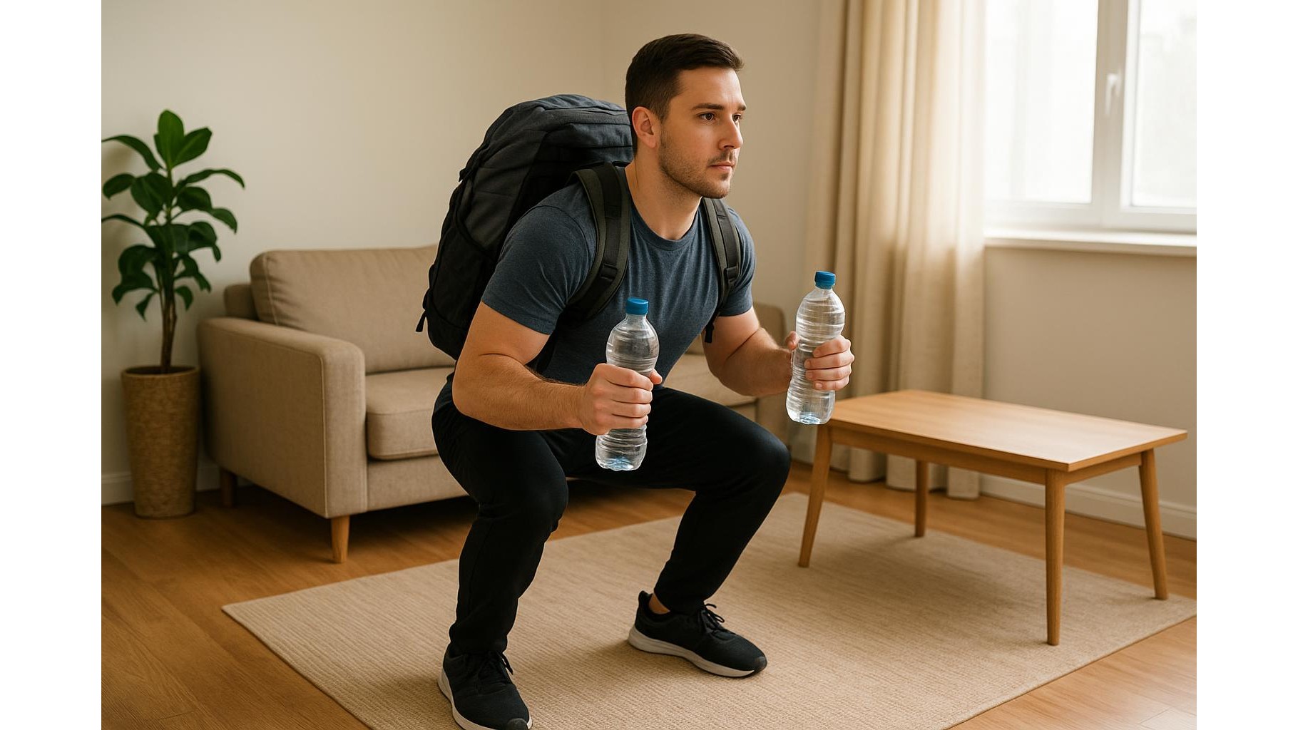 Full body strength workout at home using only water bottles and a backpack