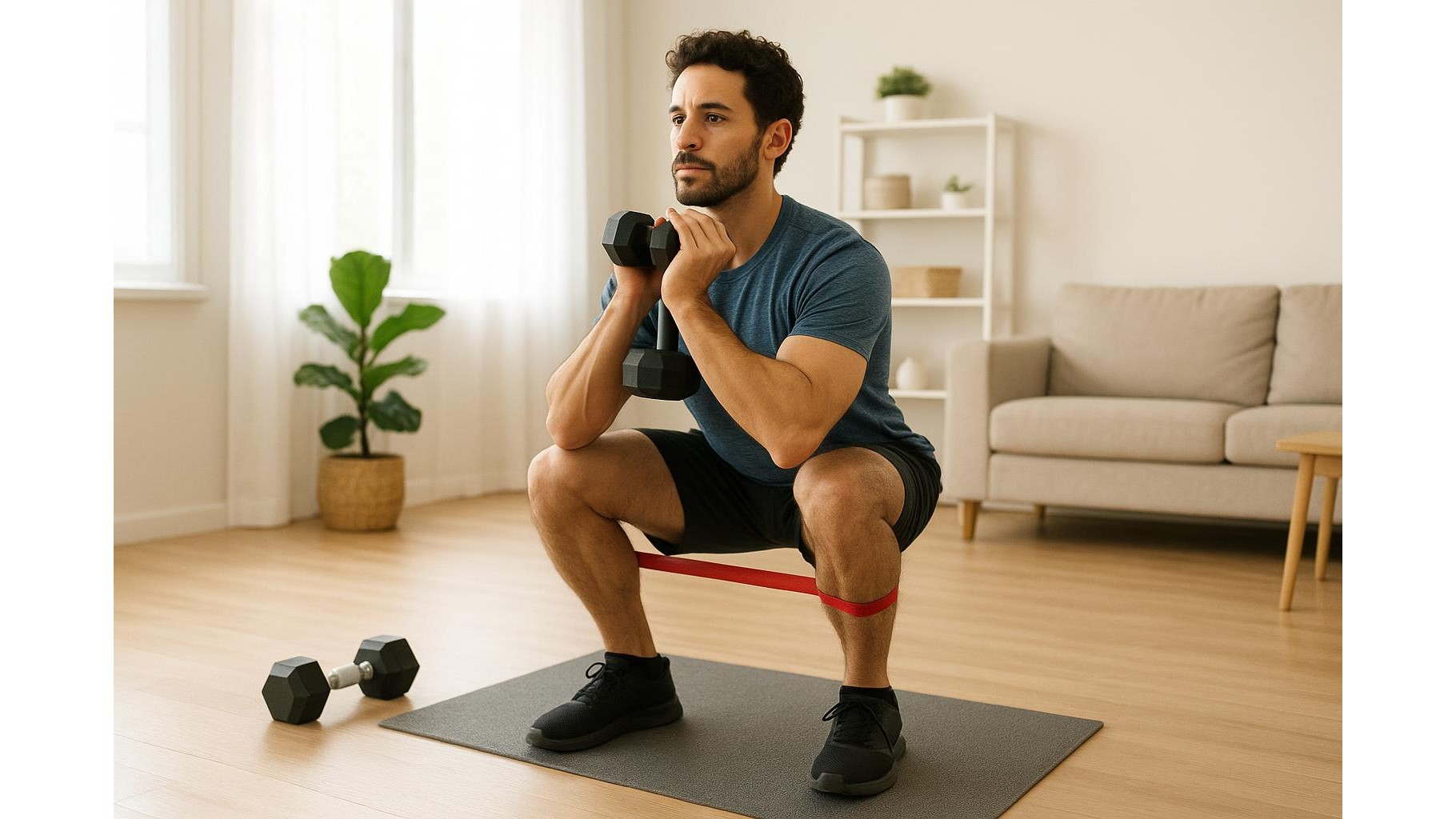 Full body EMOM workout at home with dumbbells and bands: 30-minute plan