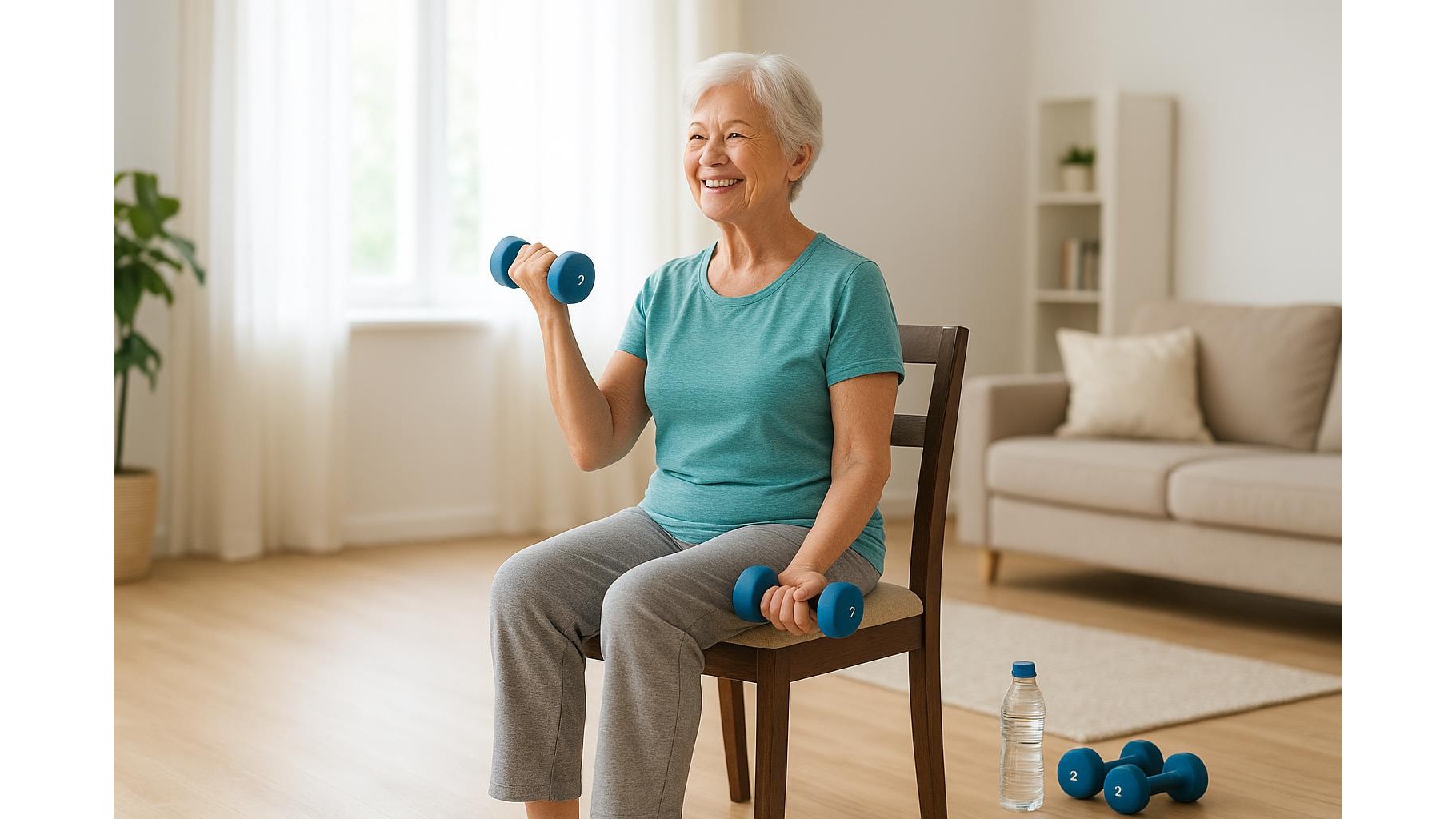 Chair-based strength and mobility home workout for seniors: 30-minute routine with light dumbbells