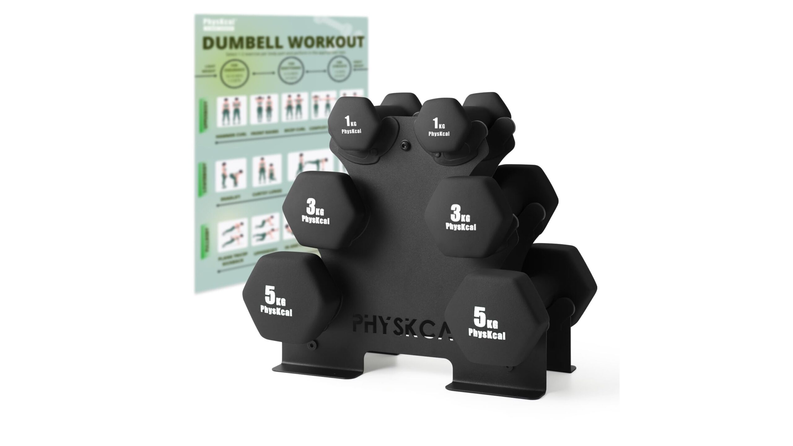 PhysKcal dumbbells set with storage rack, a space-saving starter kit for full body home training