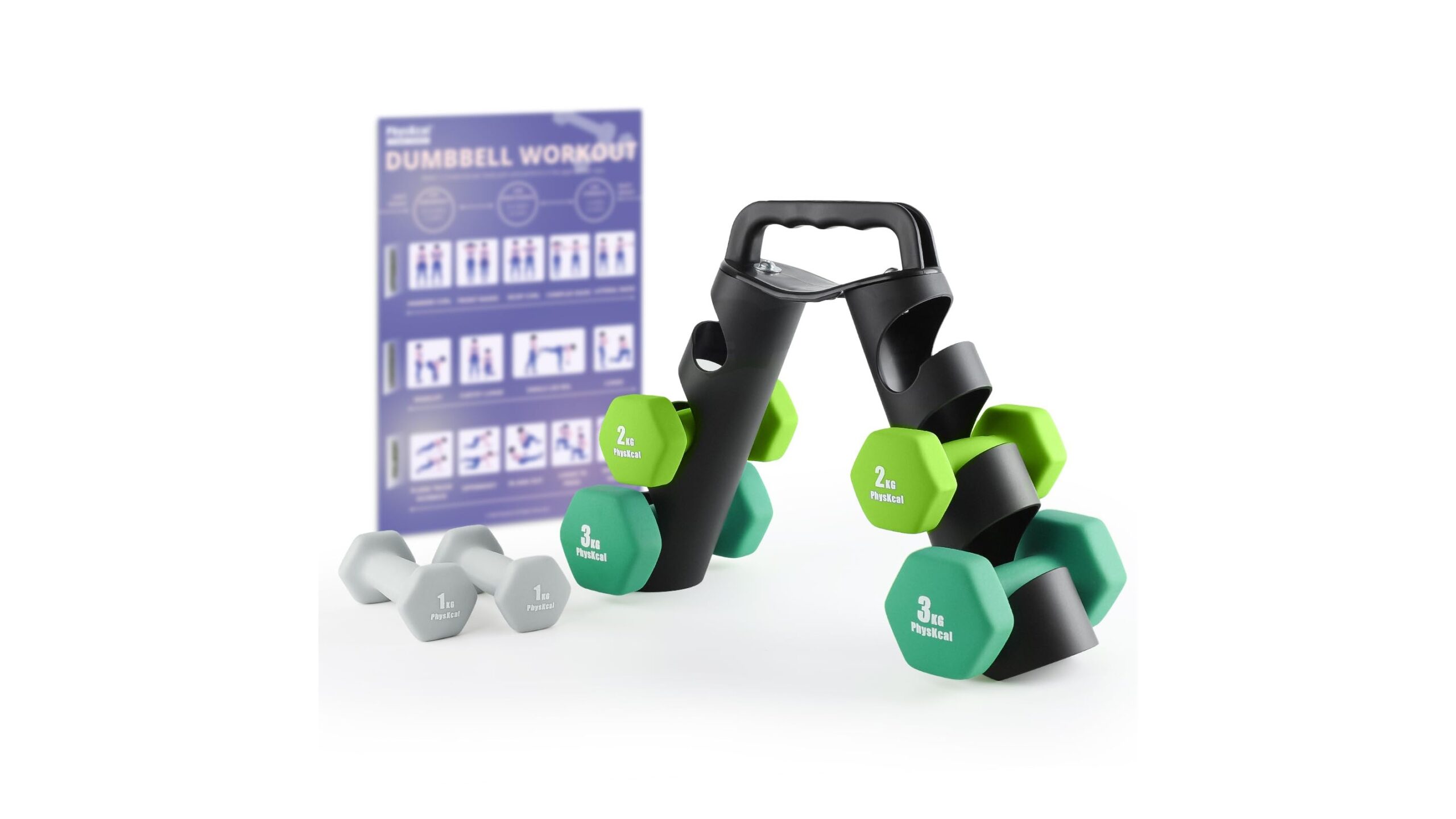 PhysKcal dumbbells set with storage rack, a tidy all‑in‑one starter kit for home strength training