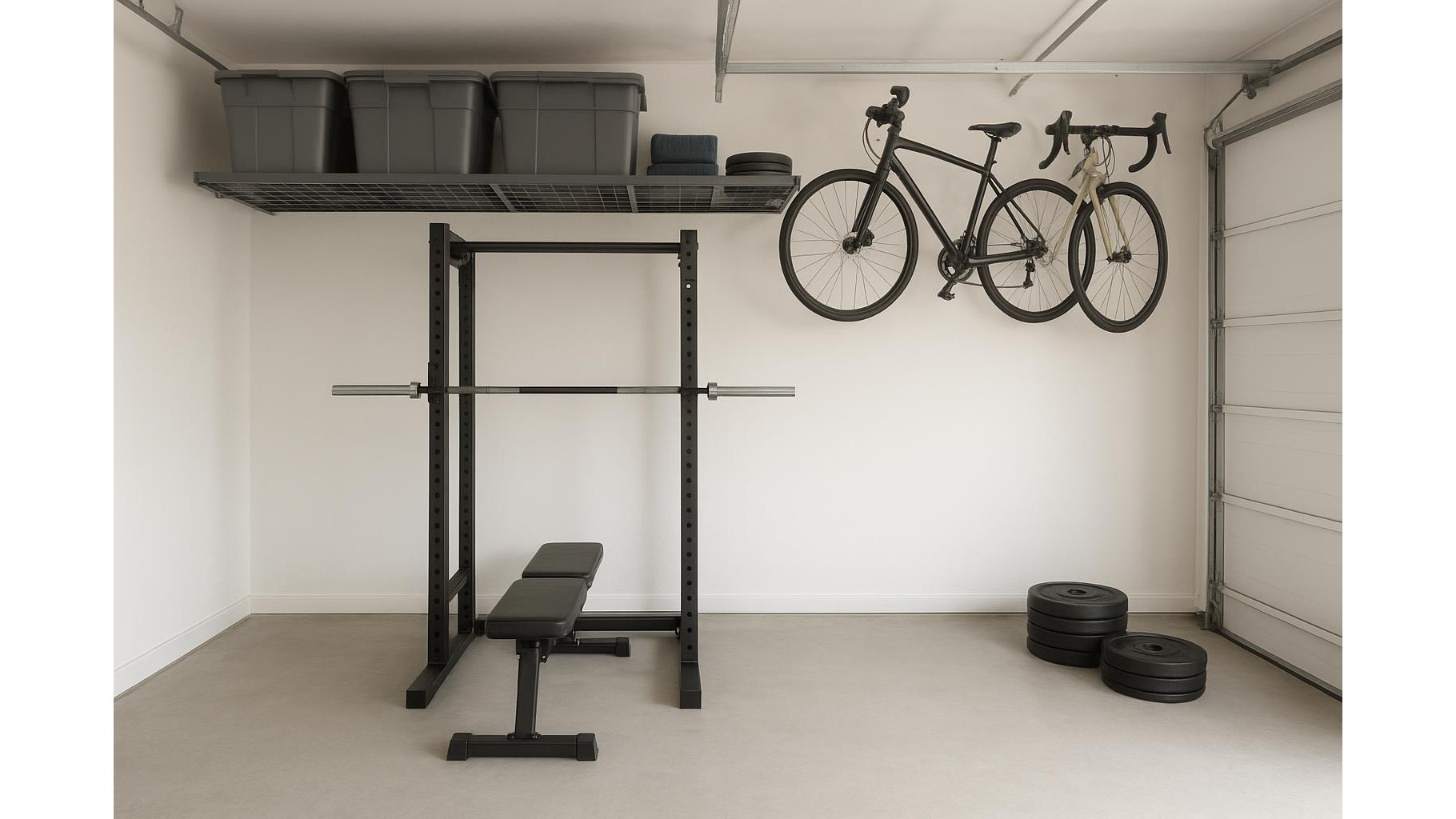 Ceiling storage hacks to keep bulky home gym equipment off the floor