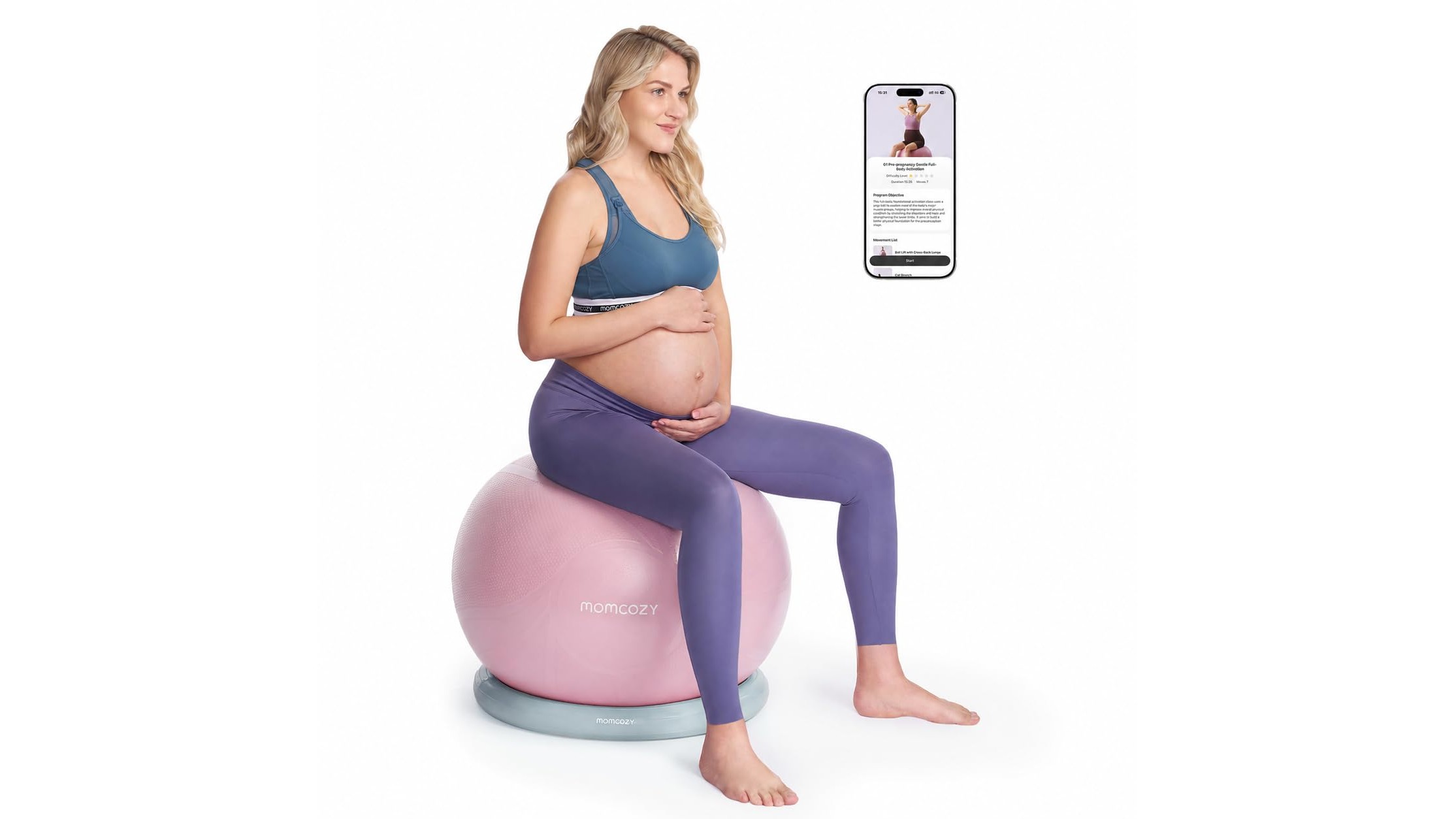 Momcozy Birthease pregnancy ball set, il kit palla parto con app pensato per allenarsi in gravidanza a casa