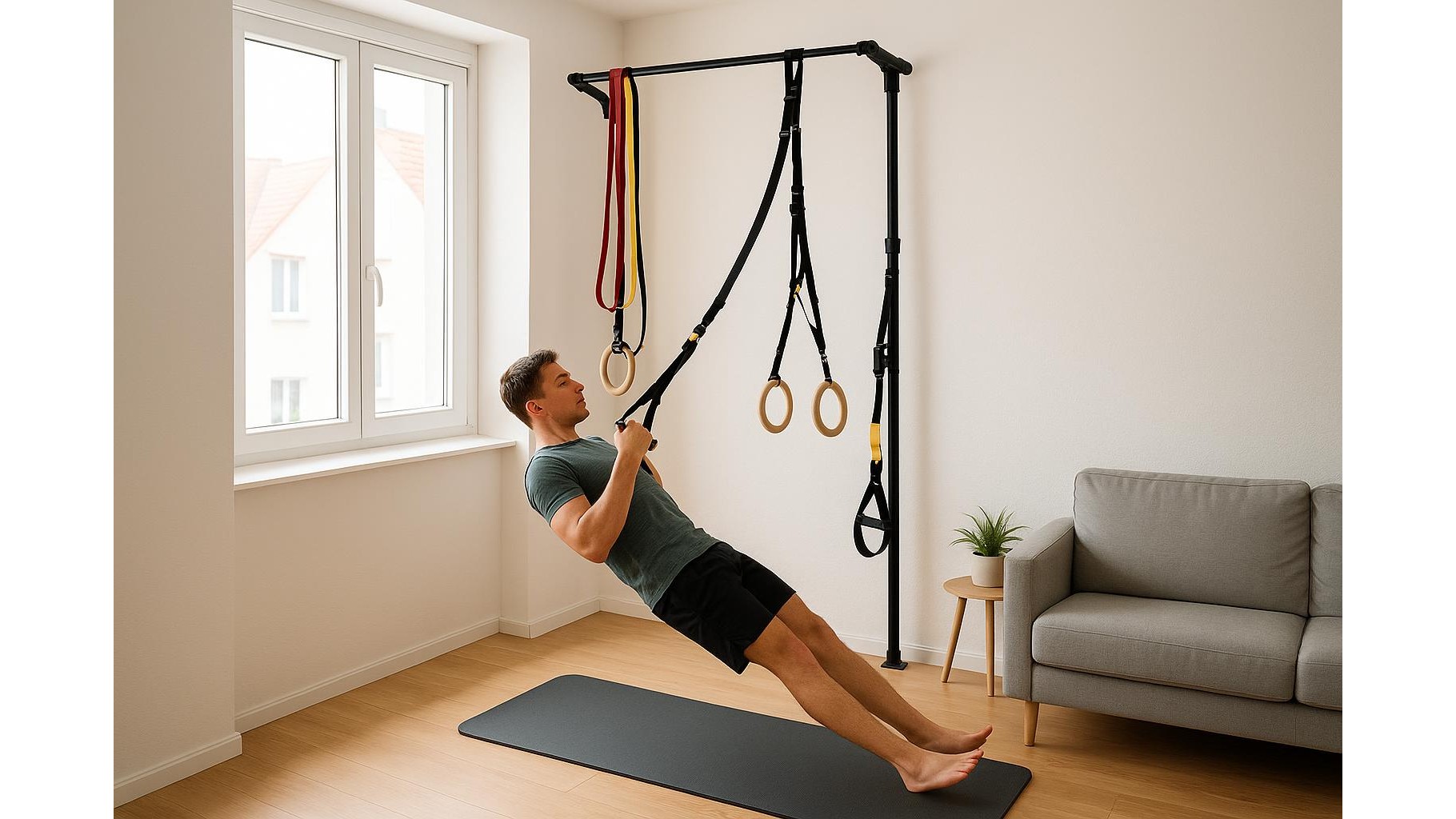 How to turn a tension pull-up pole into a full mini home gym station