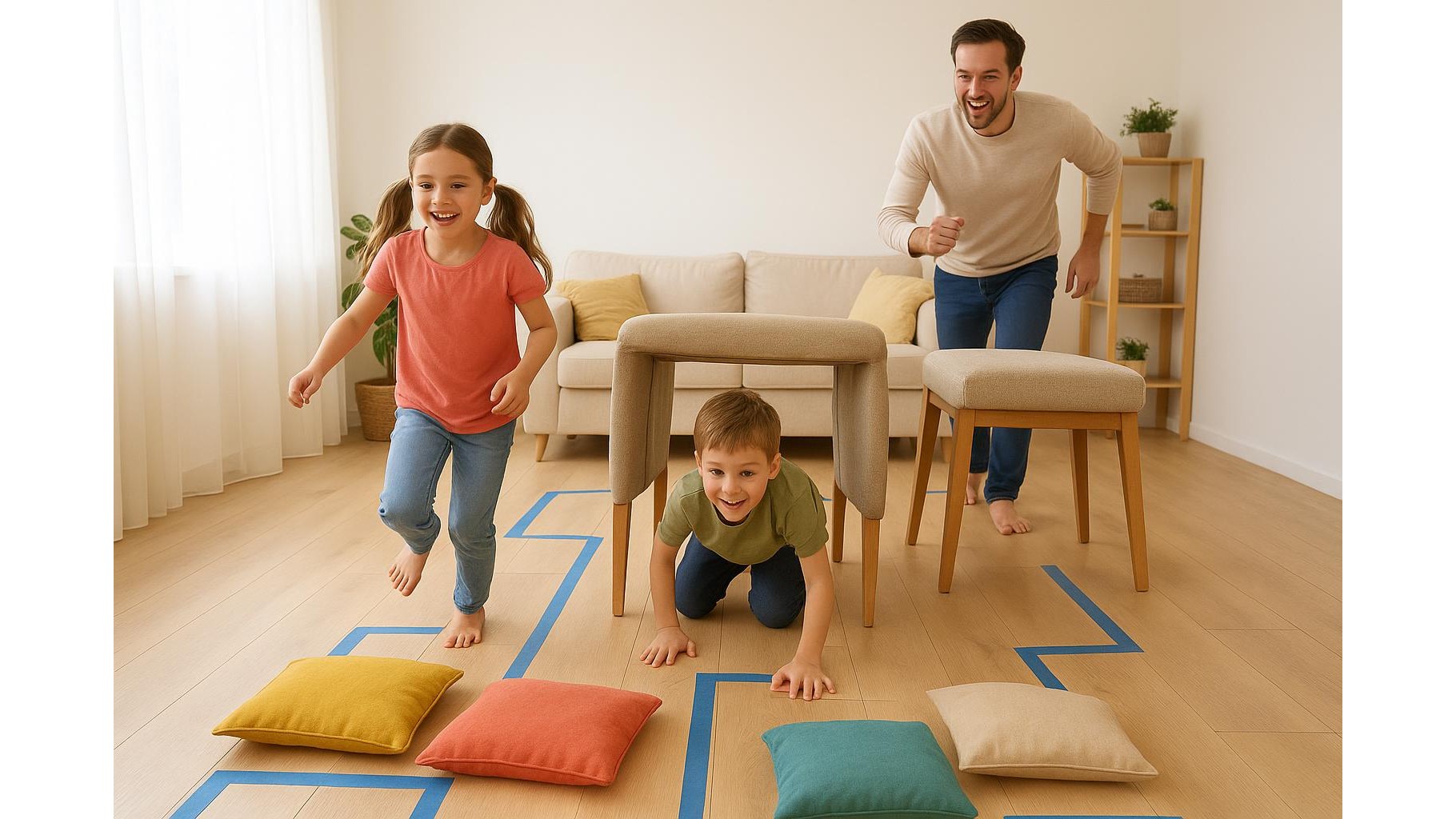 Living‑room obstacle course: 30‑minute family workout using cushions, chairs and tape lines