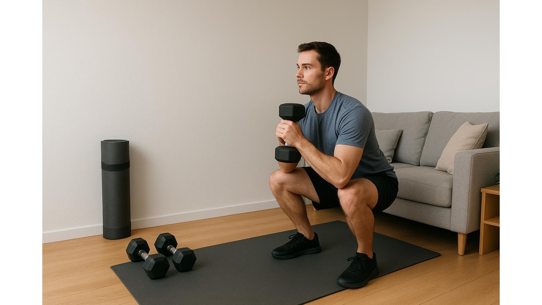 Full body ladder workout for small homes with dumbbells, a wall and a mat