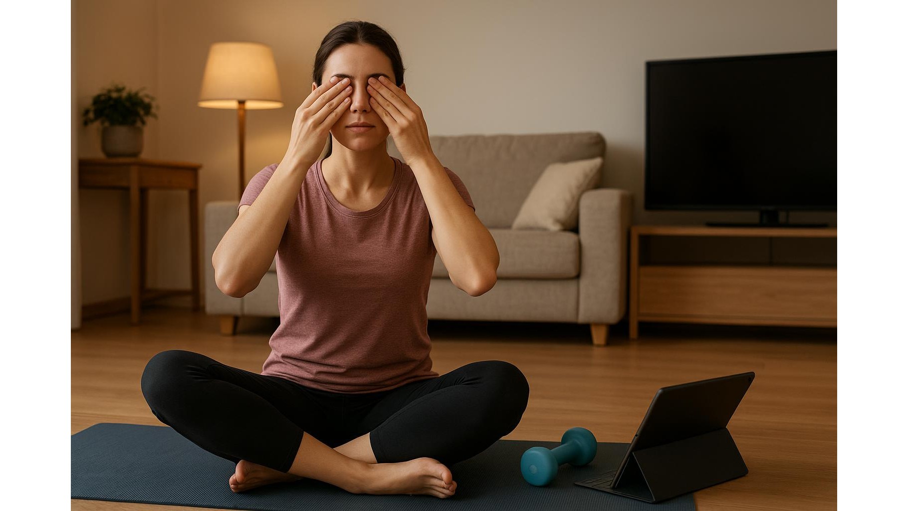 At-home eye and screen recovery routine after video-based home workouts