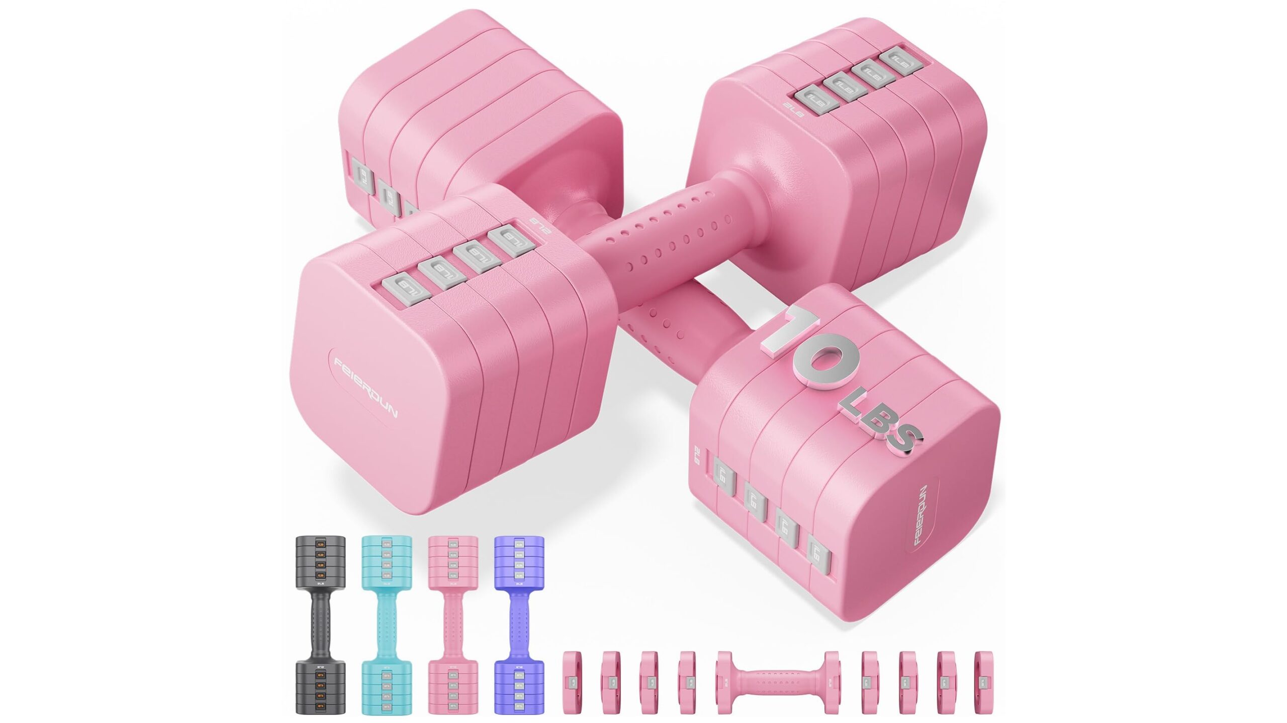 FEIERDUN adjustable dumbbell set, 5-in-1 compact weights for fast home workouts on Amazon