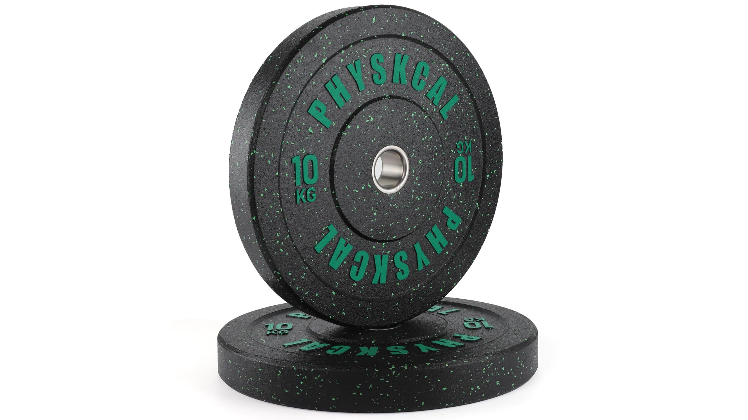 PhysKcal crumb rubber bumper plates, colour-flecked discs built for serious garage and home gyms