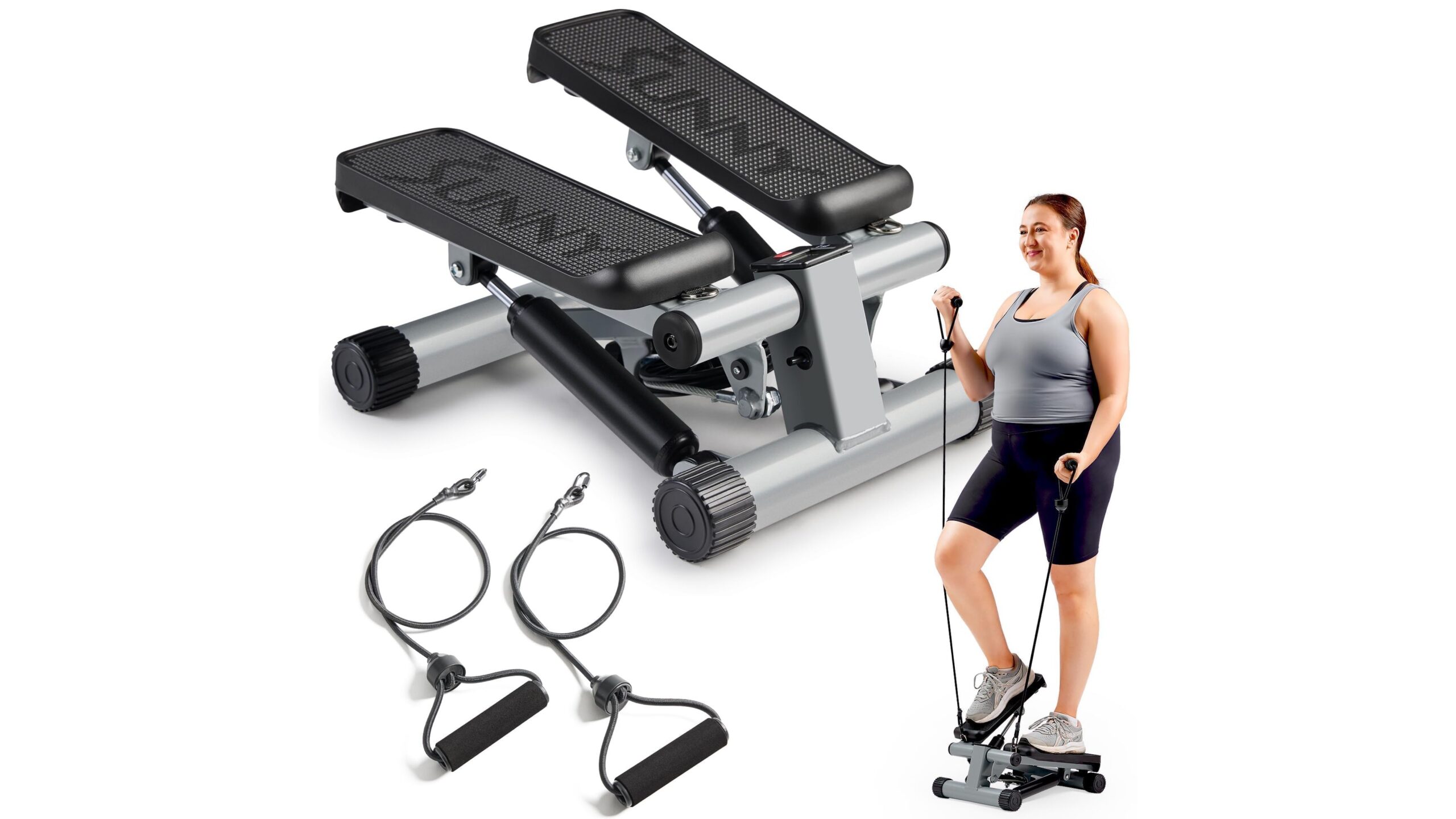 Sunny Health & Fitness mini stair stepper with bands, full-body cardio in the space of a chair