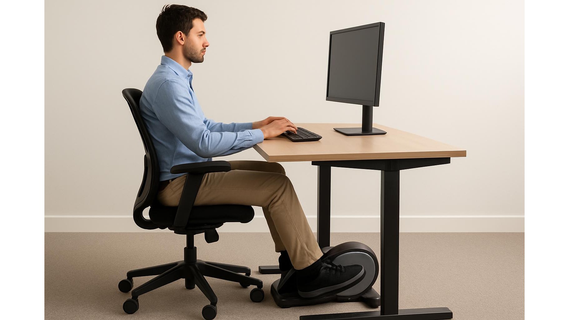 Under-desk cardio without back pain: how to set posture and technique on mini bikes and ellipticals
