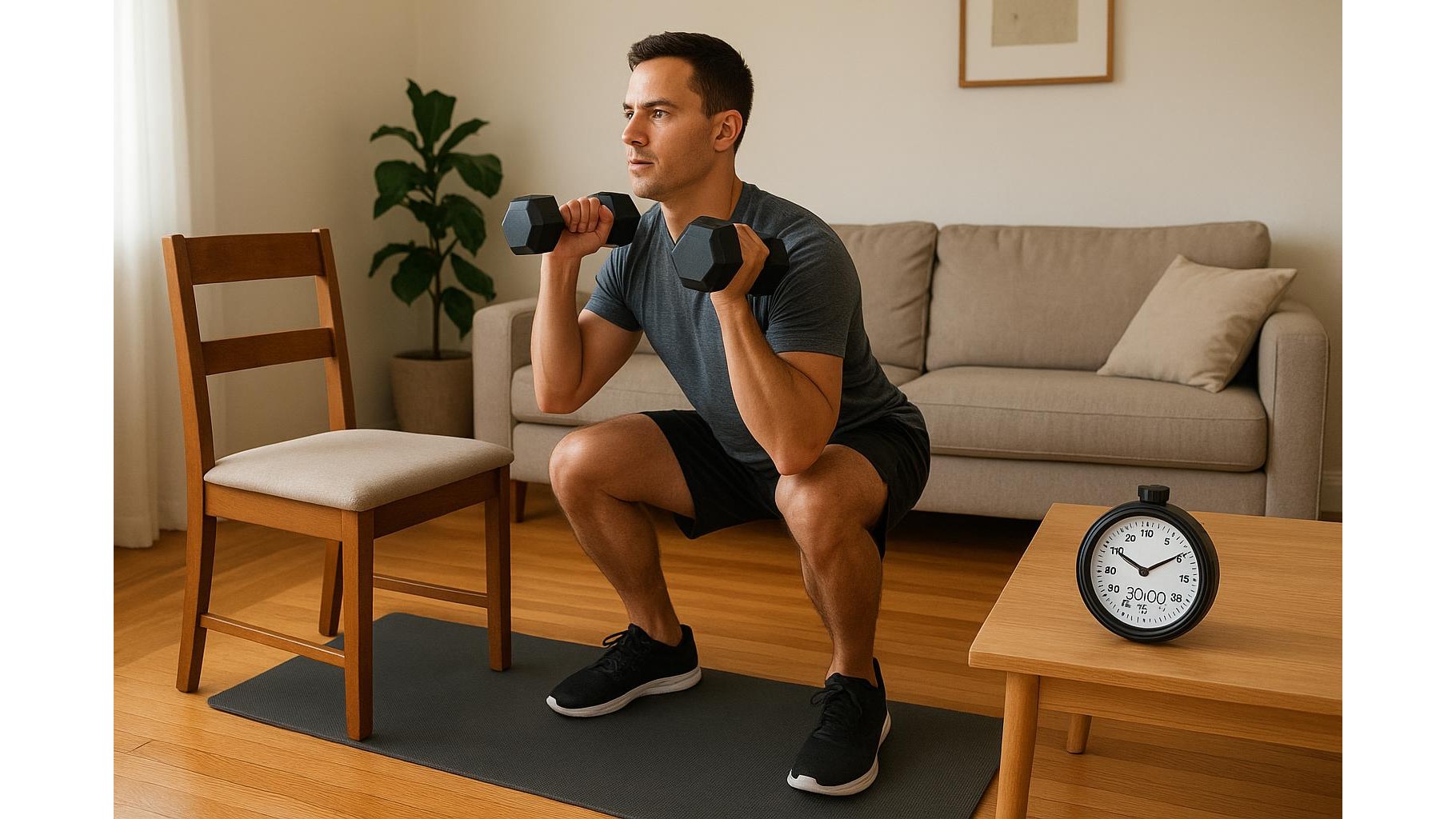 Full body pyramid workout at home with mixed tools: dumbbells, chair and floor in 30 minutes