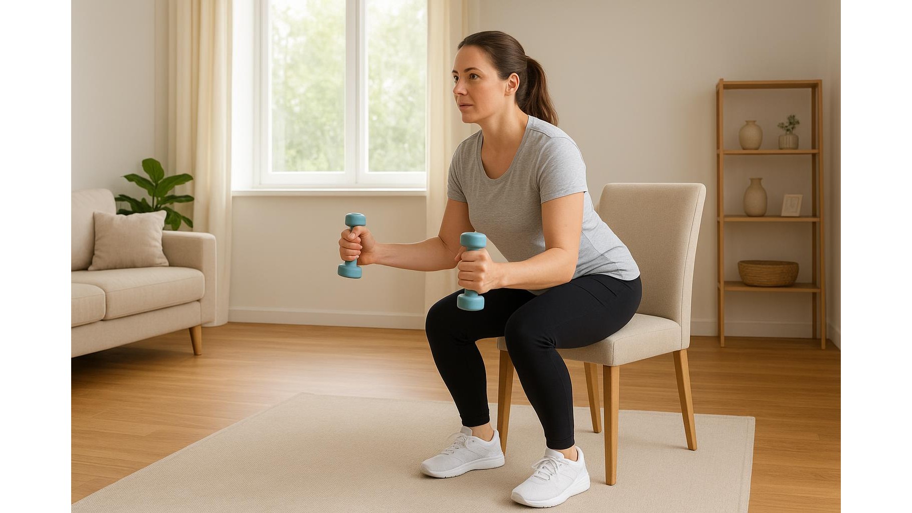 Full body strength and cardio circuit for home with just a chair and light weights