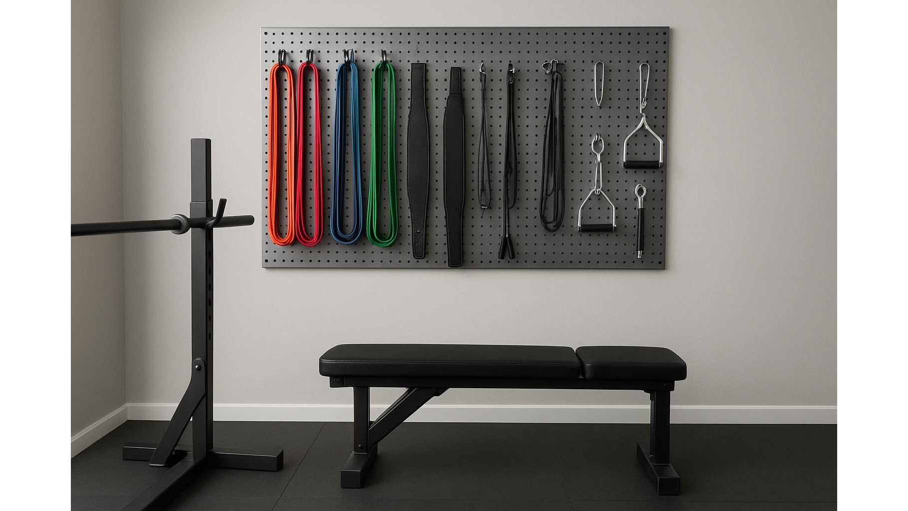 Adjustable wall-mounted pegboard for home gyms: how to store bands, belts and accessories safely