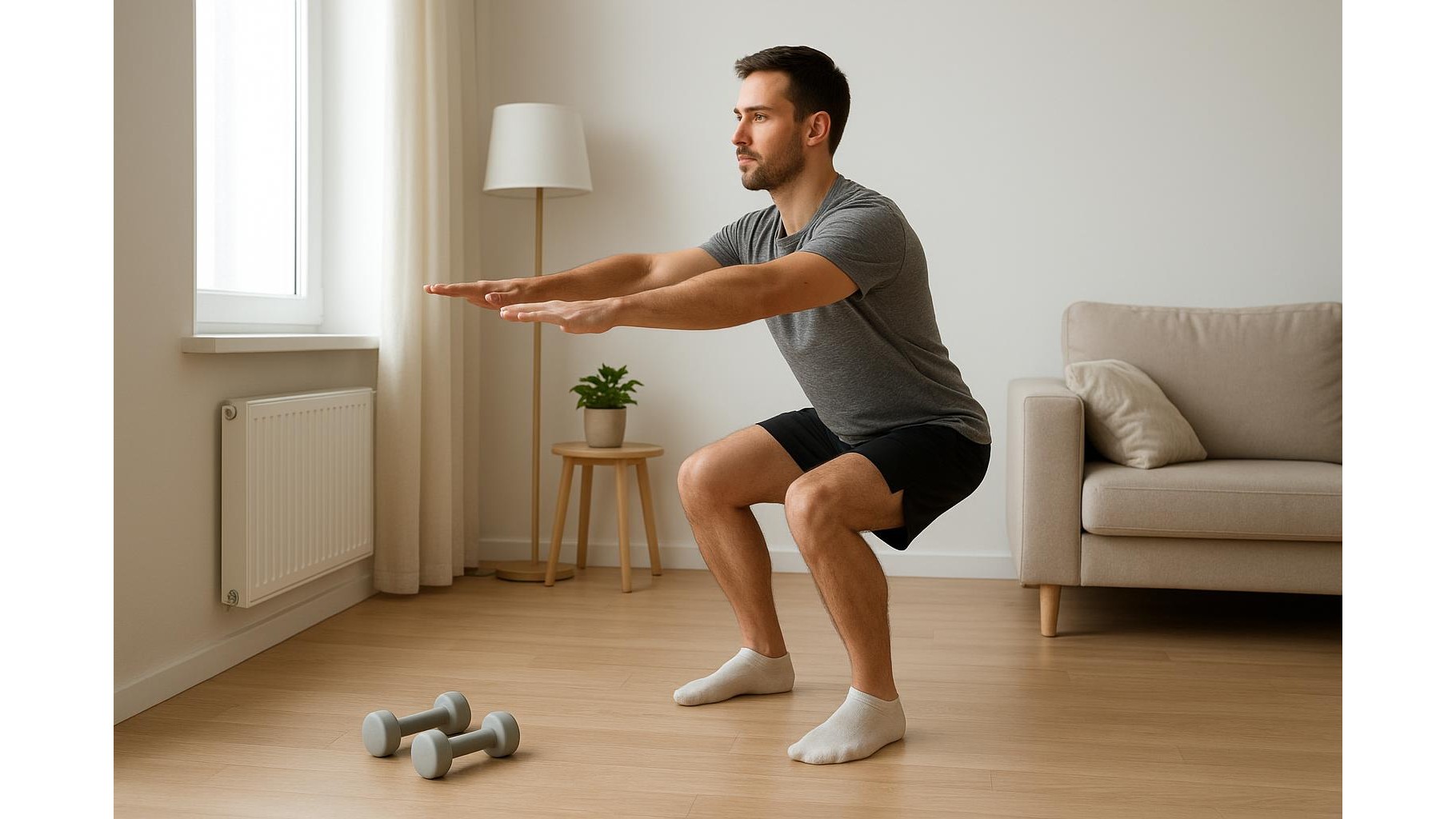 Full body strength circuit at home using only a stool and a pair of light dumbbells