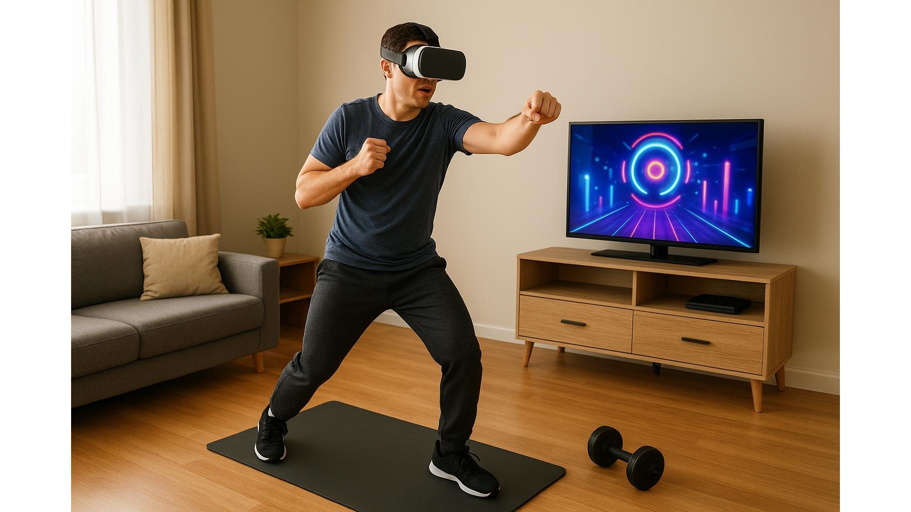 Weekly home workout plan that mixes VR games, bodyweight and one dumbbell