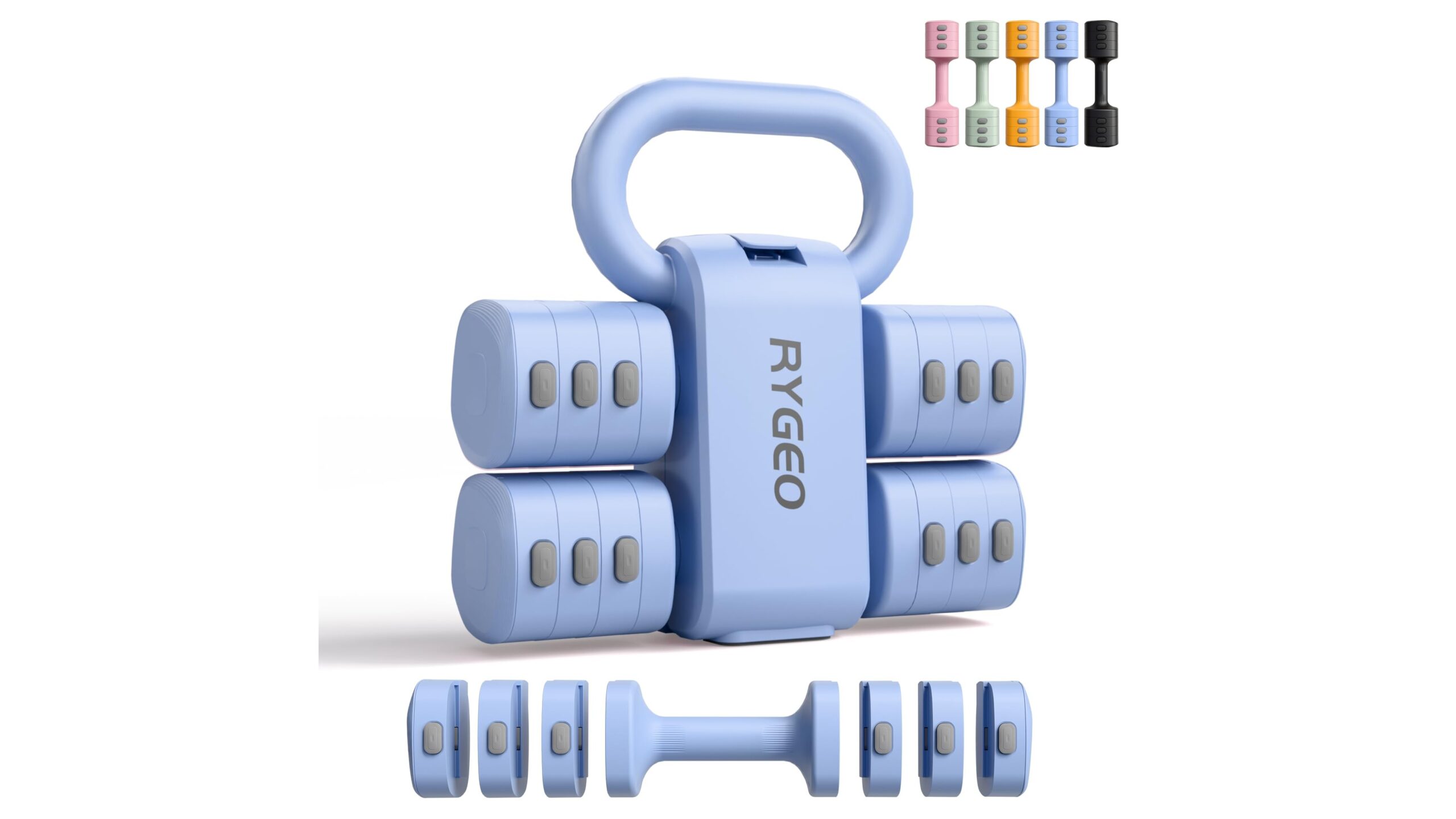 RYGEO adjustable dumbbells and kettlebell set, space-saving weights for small home gyms