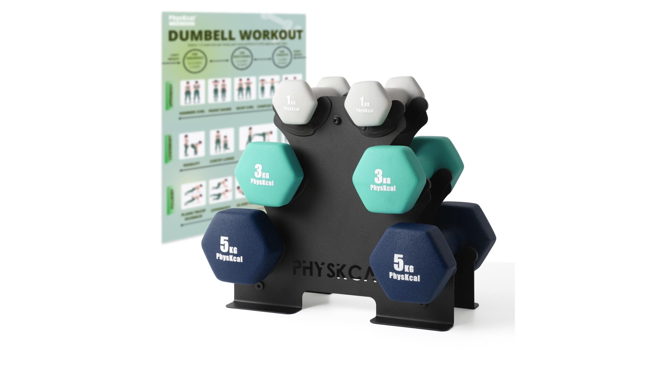 PhysKcal dumbbells set with steel stand, kit compatto per iniziare la forza in salotto