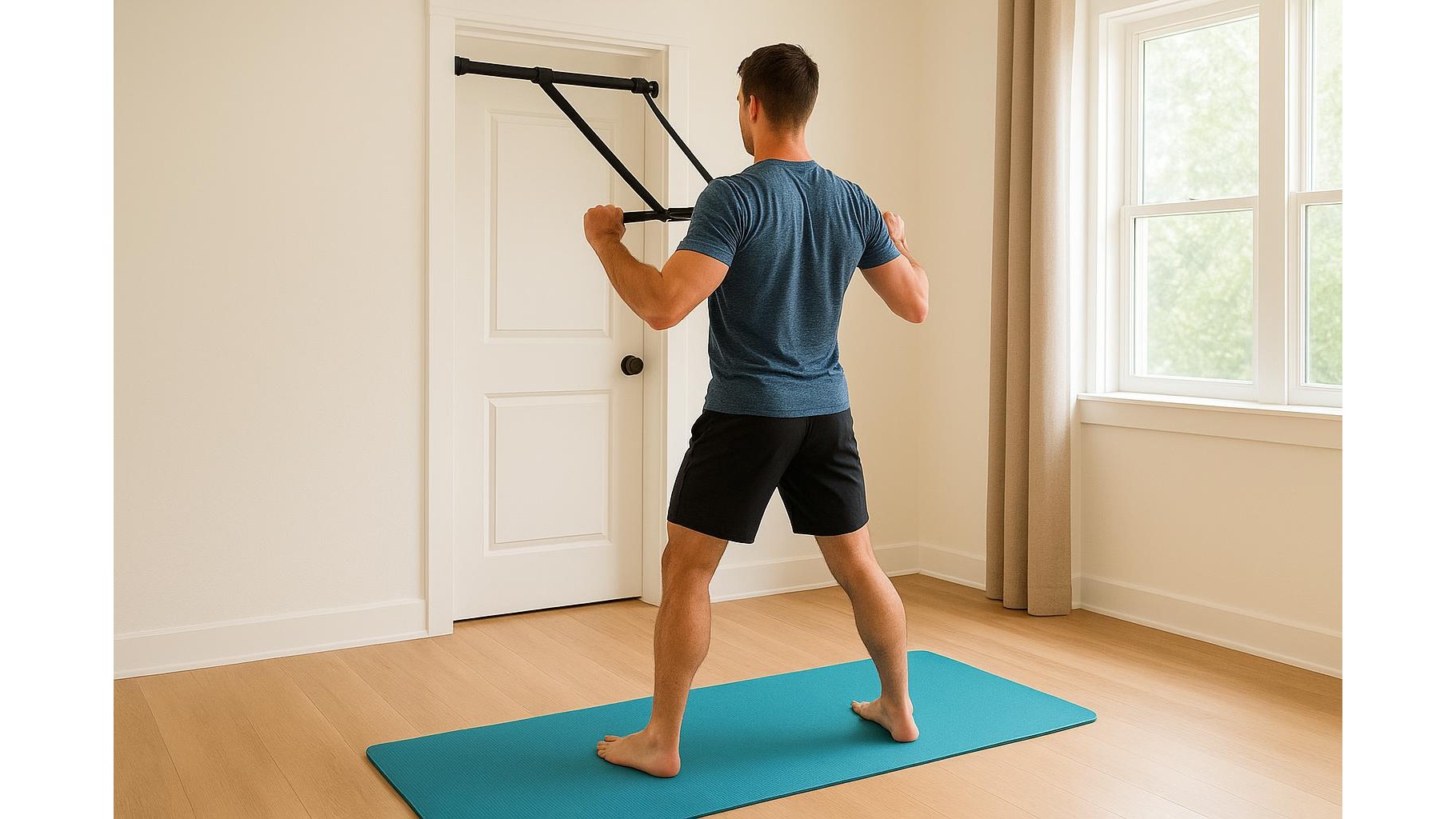 Full body strength workout at home using only a resistance band door bar and a yoga mat