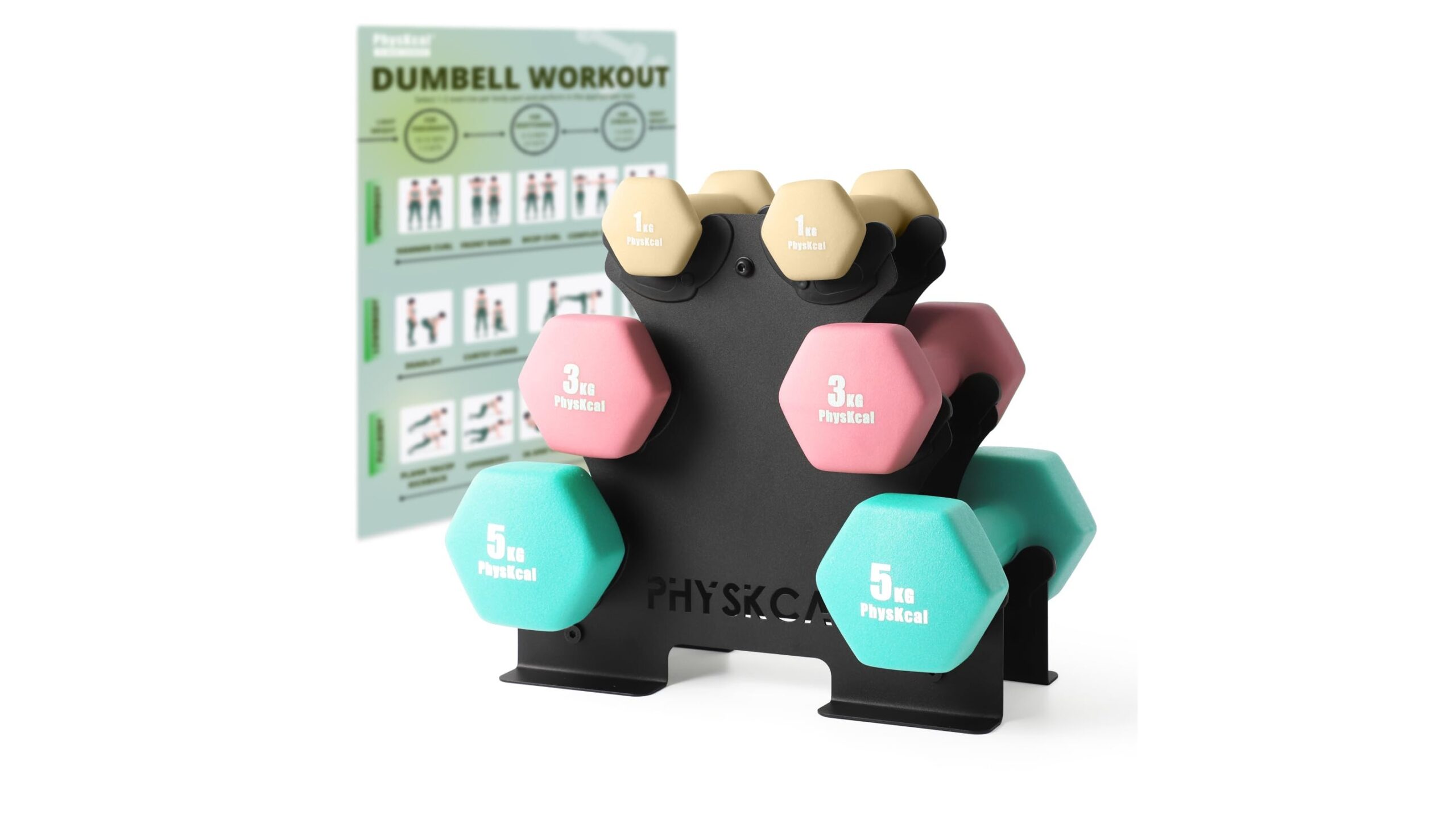 Set di manubri PhysKcal 18/30 kg con supporto in acciaio, soluzione compatta per iniziare a fare forza in casa