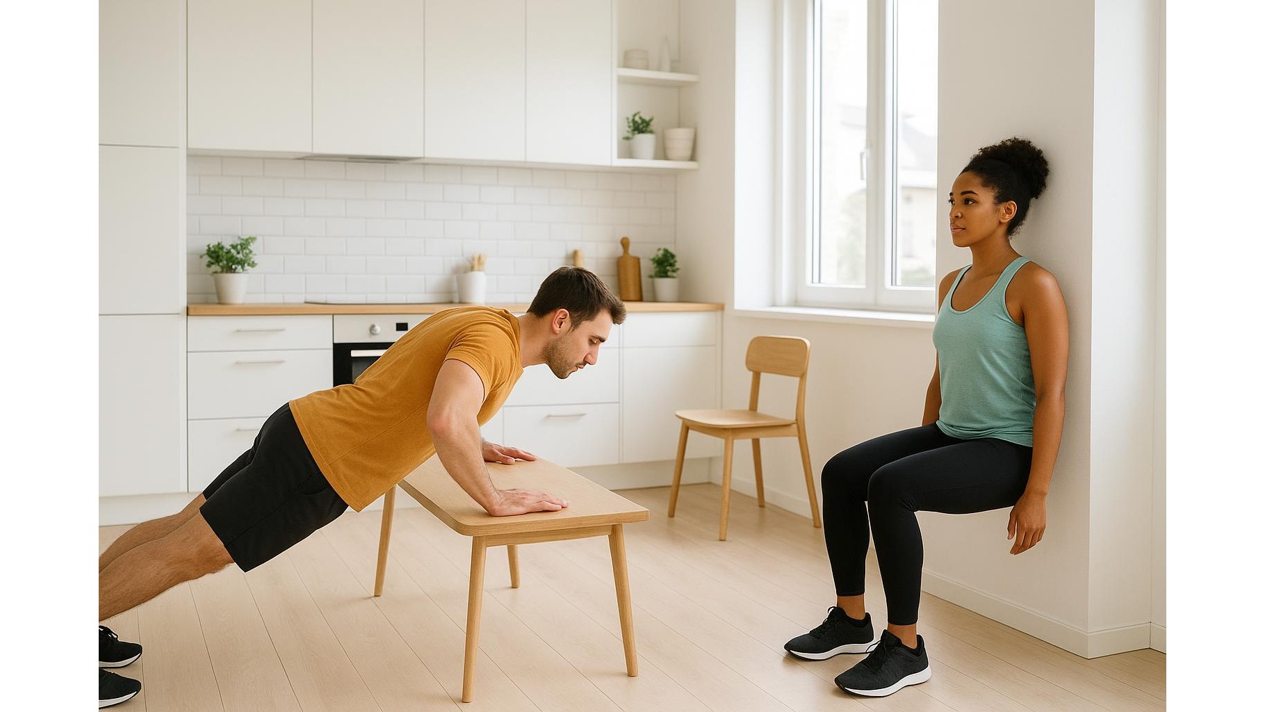 Kitchen strength circuit: 30-minute full body bodyweight workout using only counters, chairs and walls
