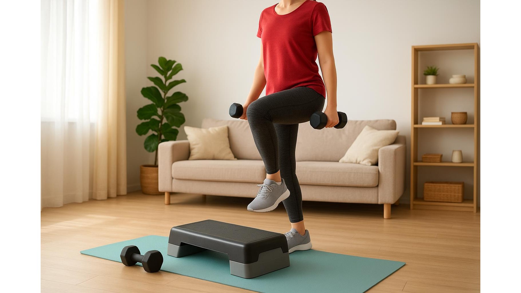 Full body strength workout for beginners using a step platform and two dumbbells at home