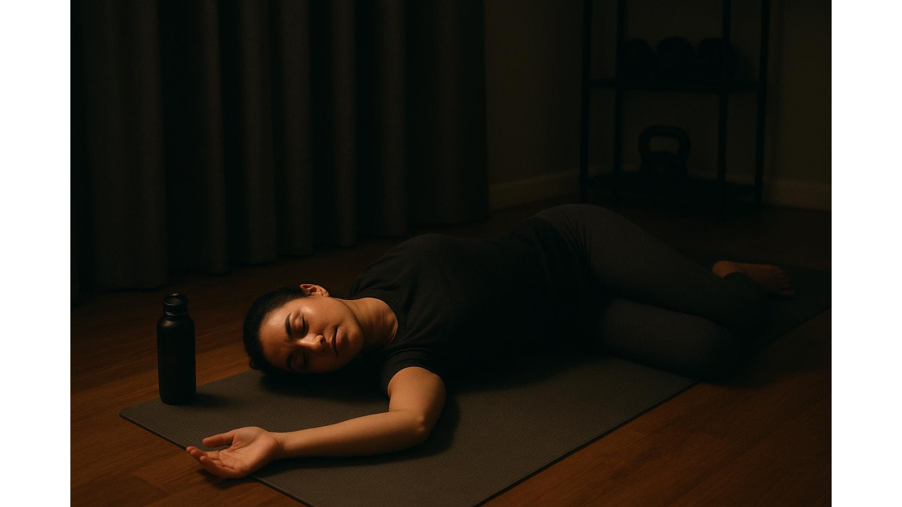 Gentle stretch and dark-room routine for home athletes who suffer from post-workout headaches