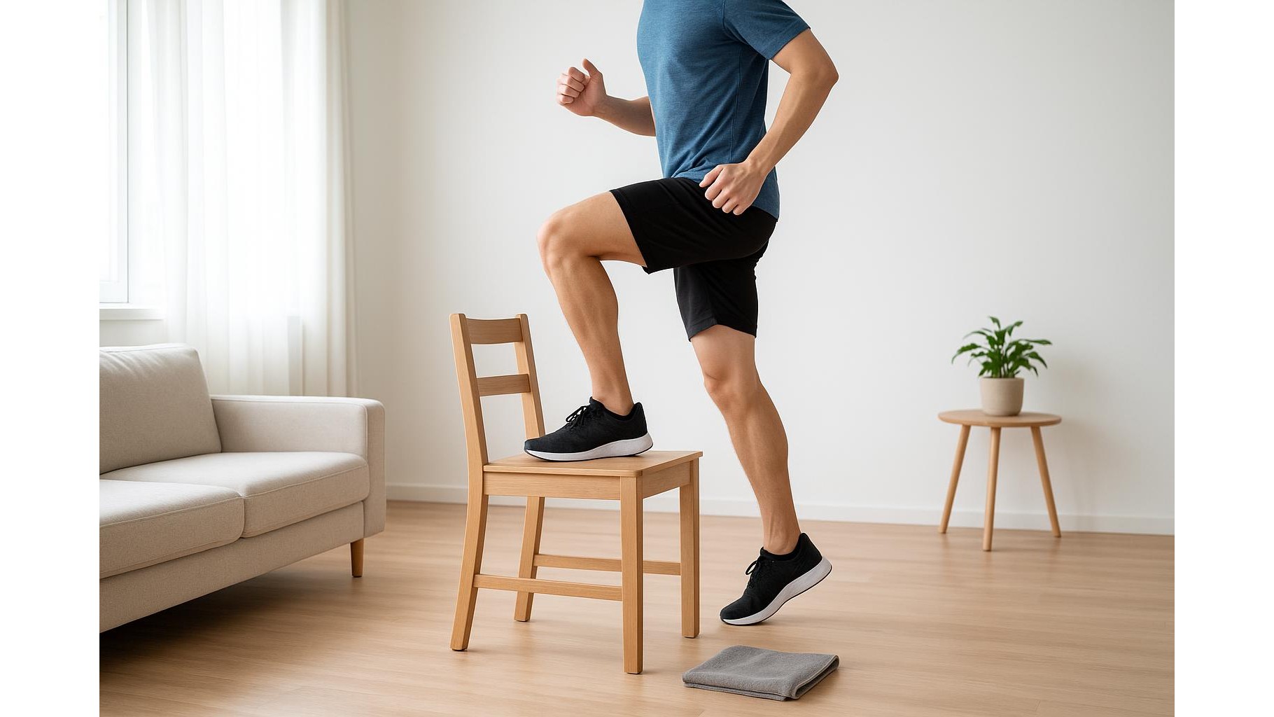 20-minute cardio and core home workout using only a chair and a towel