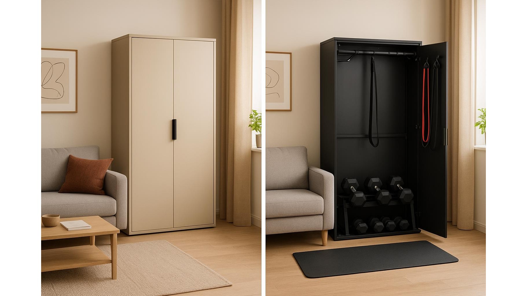 Fold-out home gym cabinets: how to choose a murphy-style strength station for tiny spaces