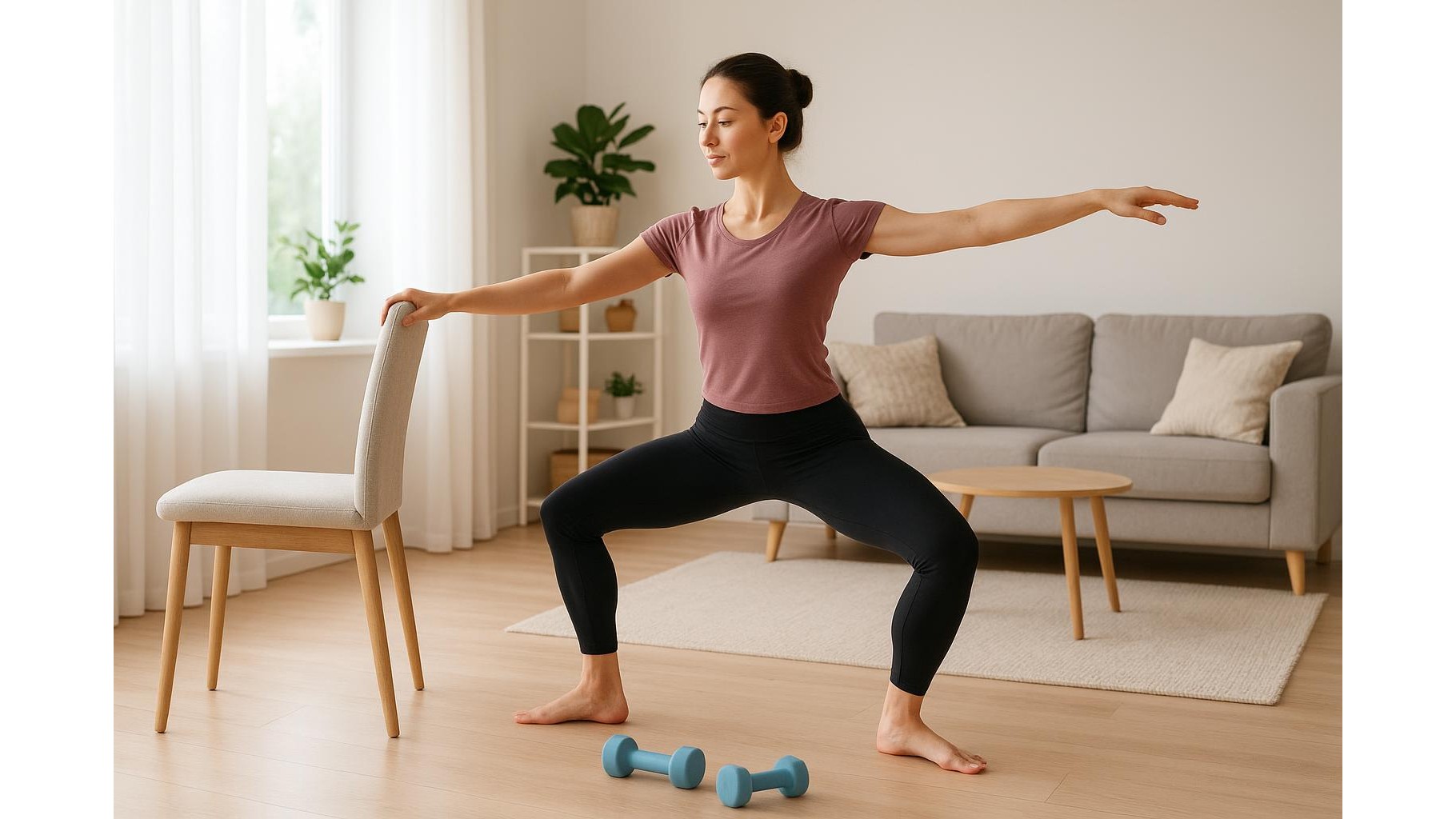 30-minute ballet-inspired strength workout with a chair and light dumbbells