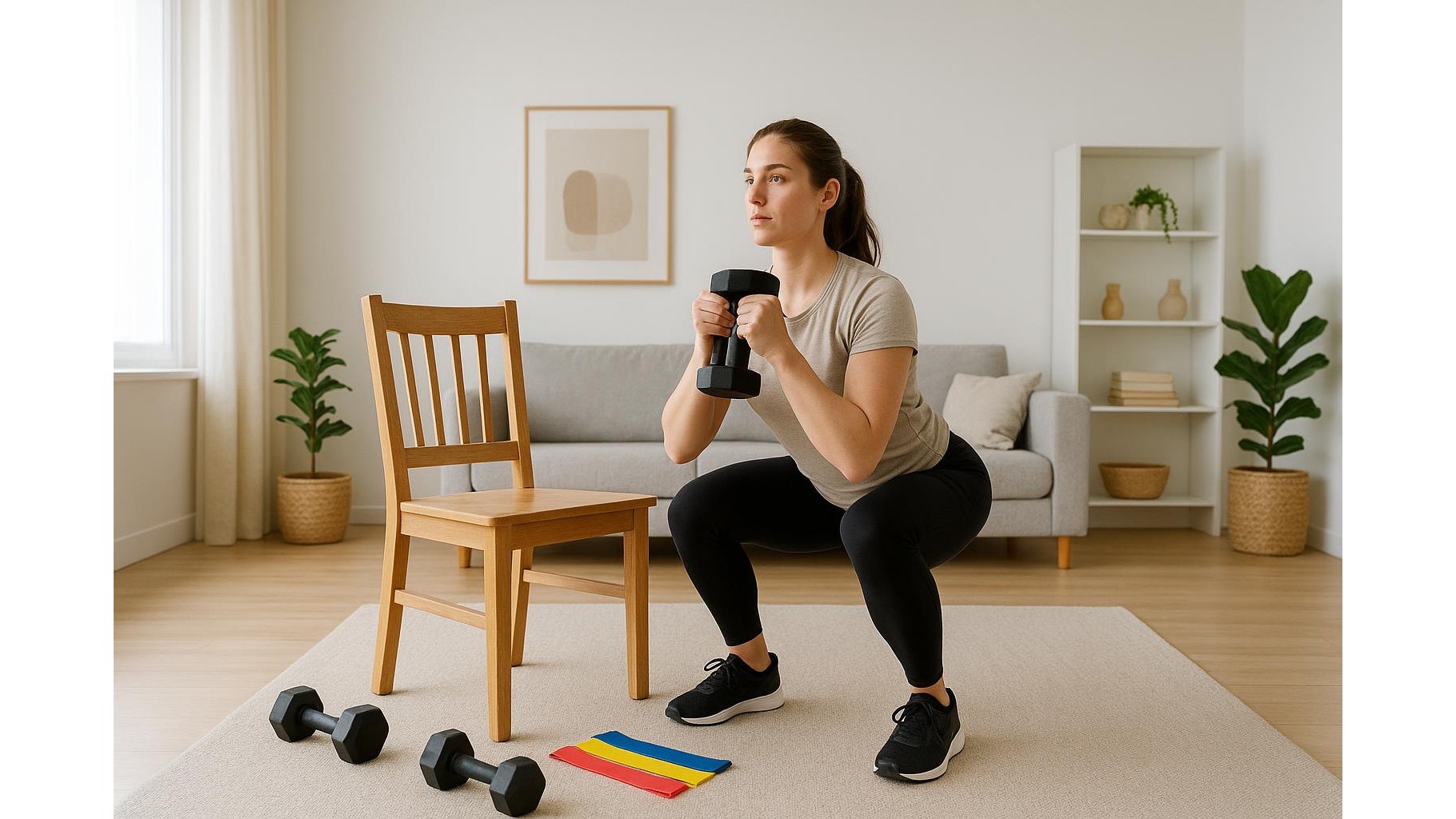 Full body 40-minute strength circuit at home with dumbbells, a chair and mini-bands