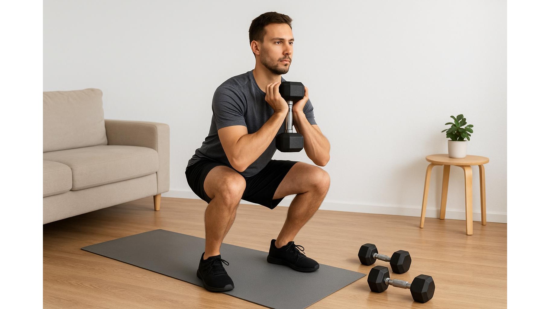 Full body strength tri-set workout at home with just two dumbbells and a wall