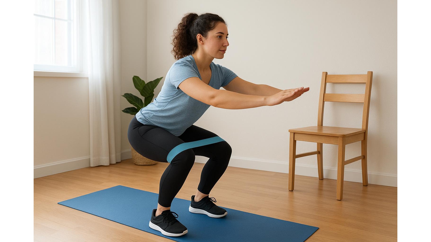Lower body strength workout at home using resistance bands and a chair: 35-minute beginner plan