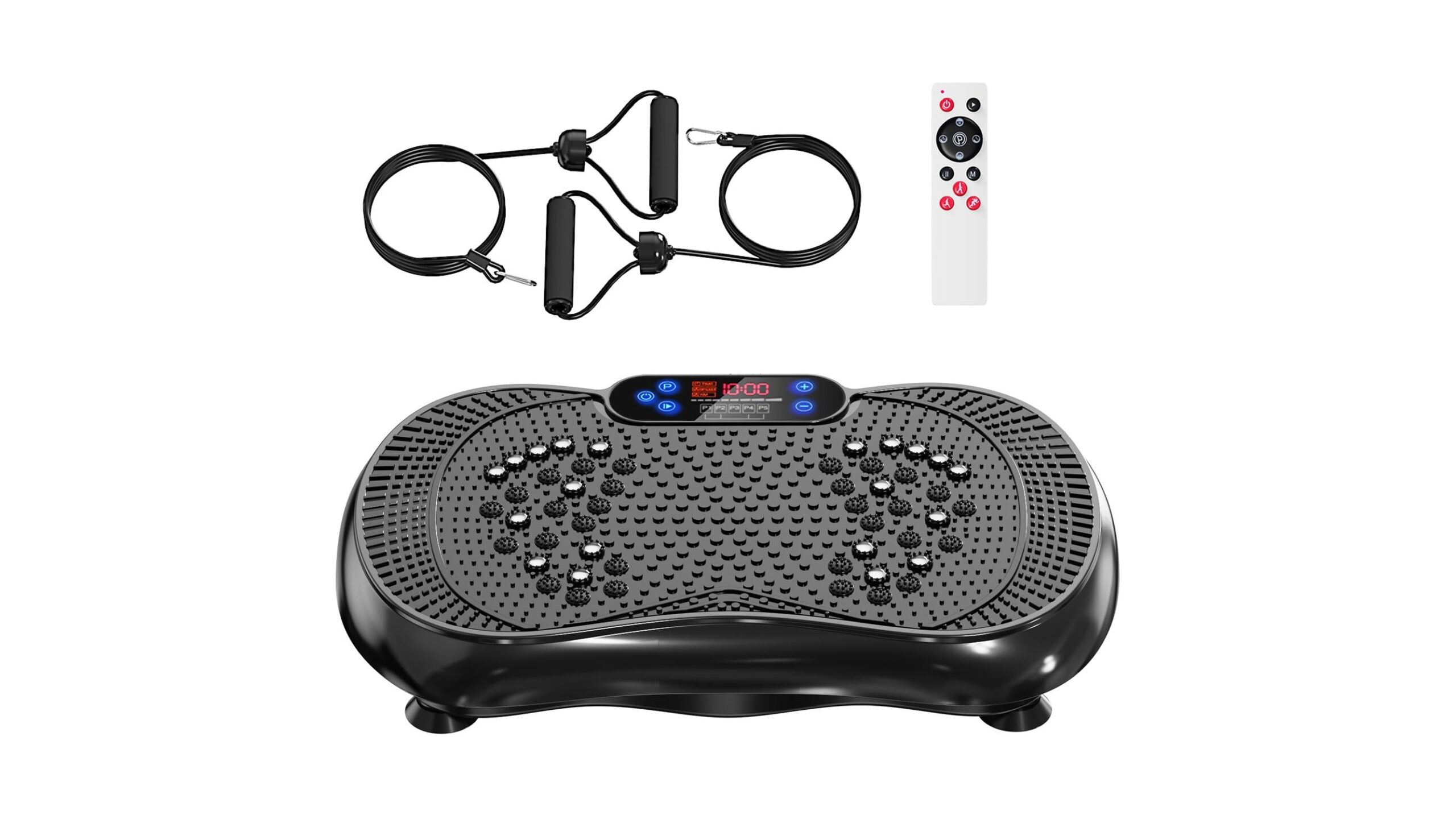 Full body Vibration Plate Exercise Machine, high-capacity home trainer with remote and bands in promo on Amazon