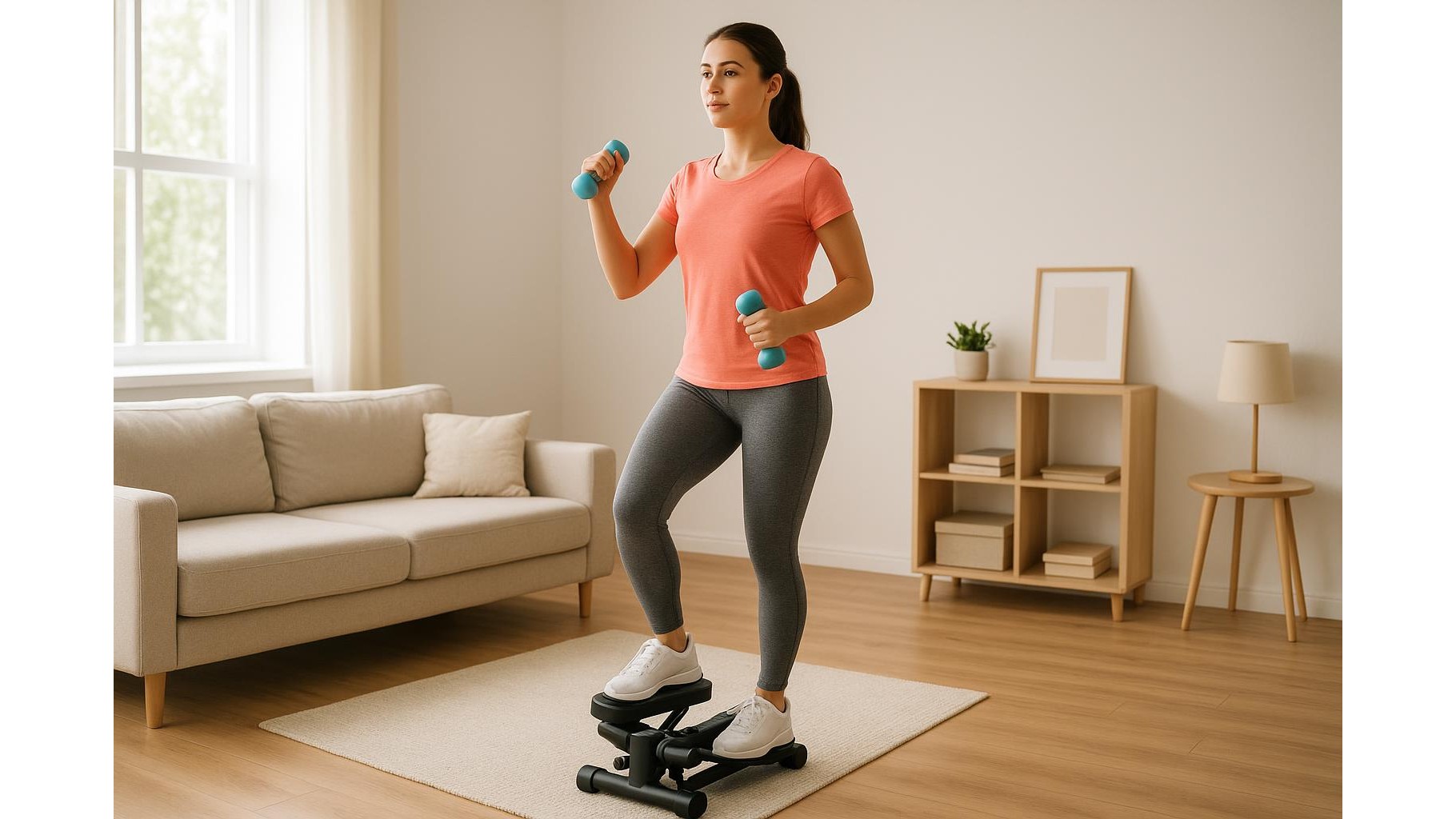 Full body strength and cardio circuit at home with a mini stepper and dumbbells